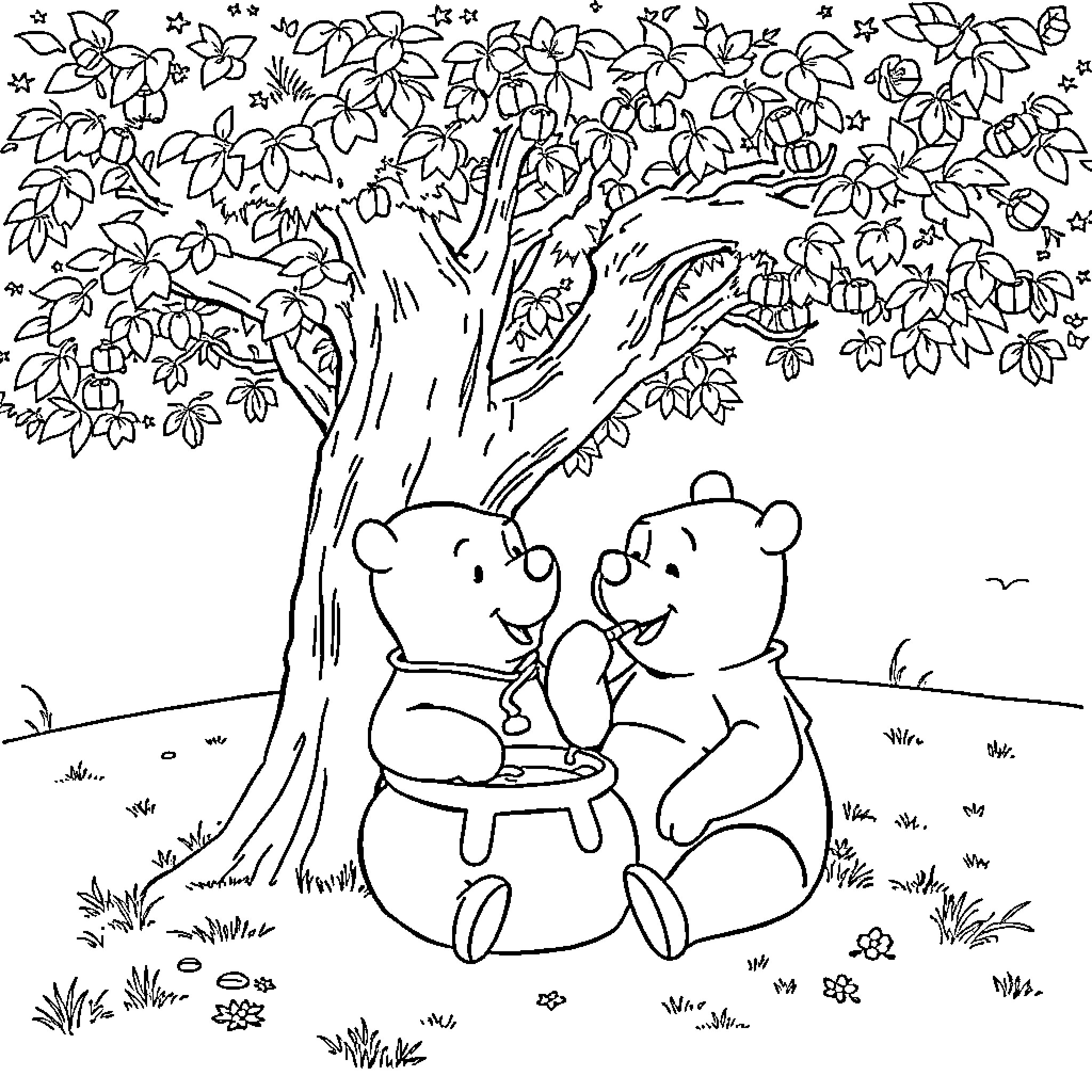 Winnie The Pooh and Piglet enjoying a peaceful day Coloring Page (free black-and-white line drawing printable PDF for all, from beginners to advanced learners, including children, teens, adults, and seniors)