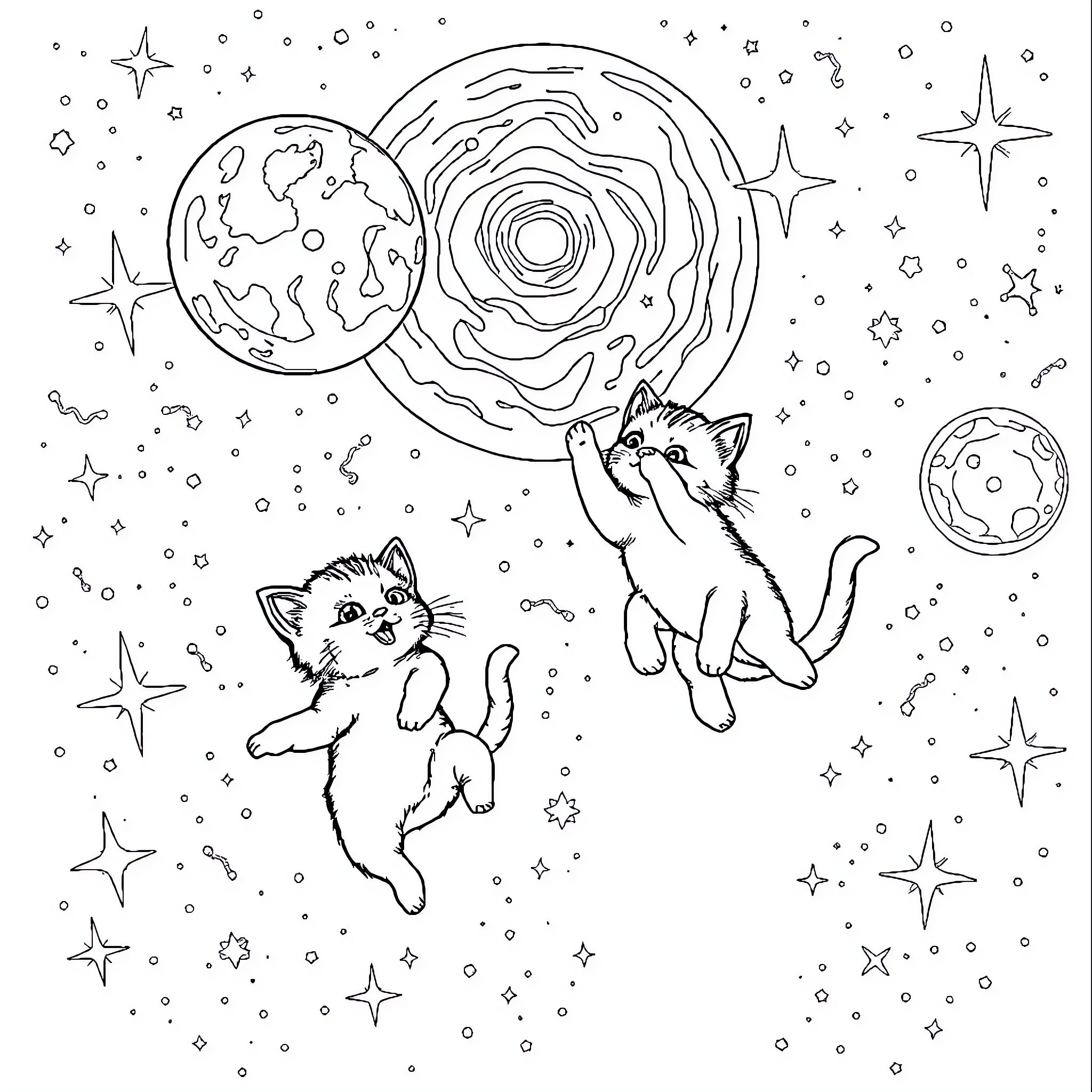 Kittens playing in the cosmic universe Coloring Page (free black-and-white line drawing printable PDF for all, from beginners to advanced learners, including children, teens, adults, and seniors)