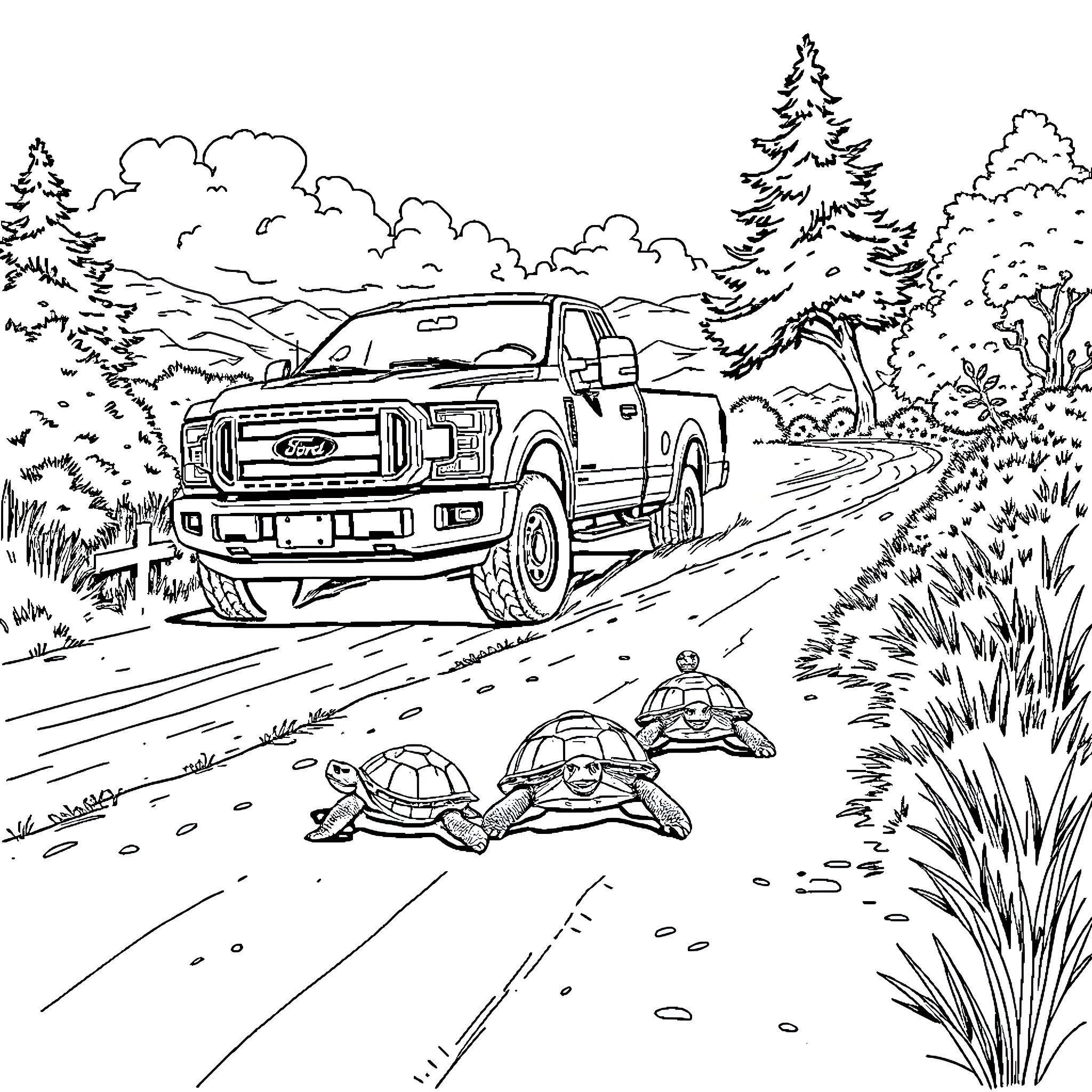 Truck driving along a rural road with turtles Coloring Page (free black-and-white line drawing printable PDF for all, from beginners to advanced learners, including children, teens, adults, and seniors)