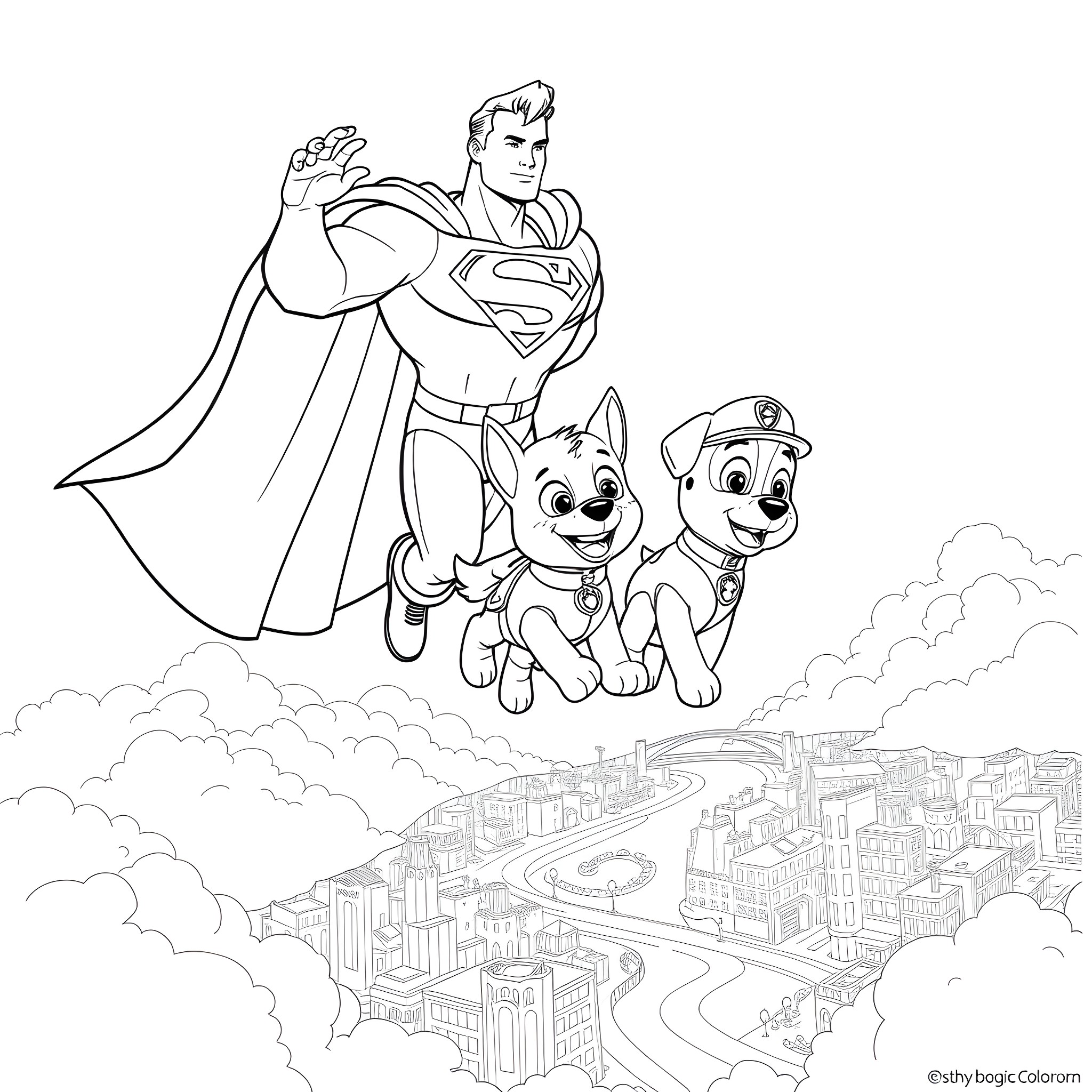 Superman saving puppies from the city Coloring Page (free black-and-white line drawing printable PDF for all, from beginners to advanced learners, including children, teens, adults, and seniors)
