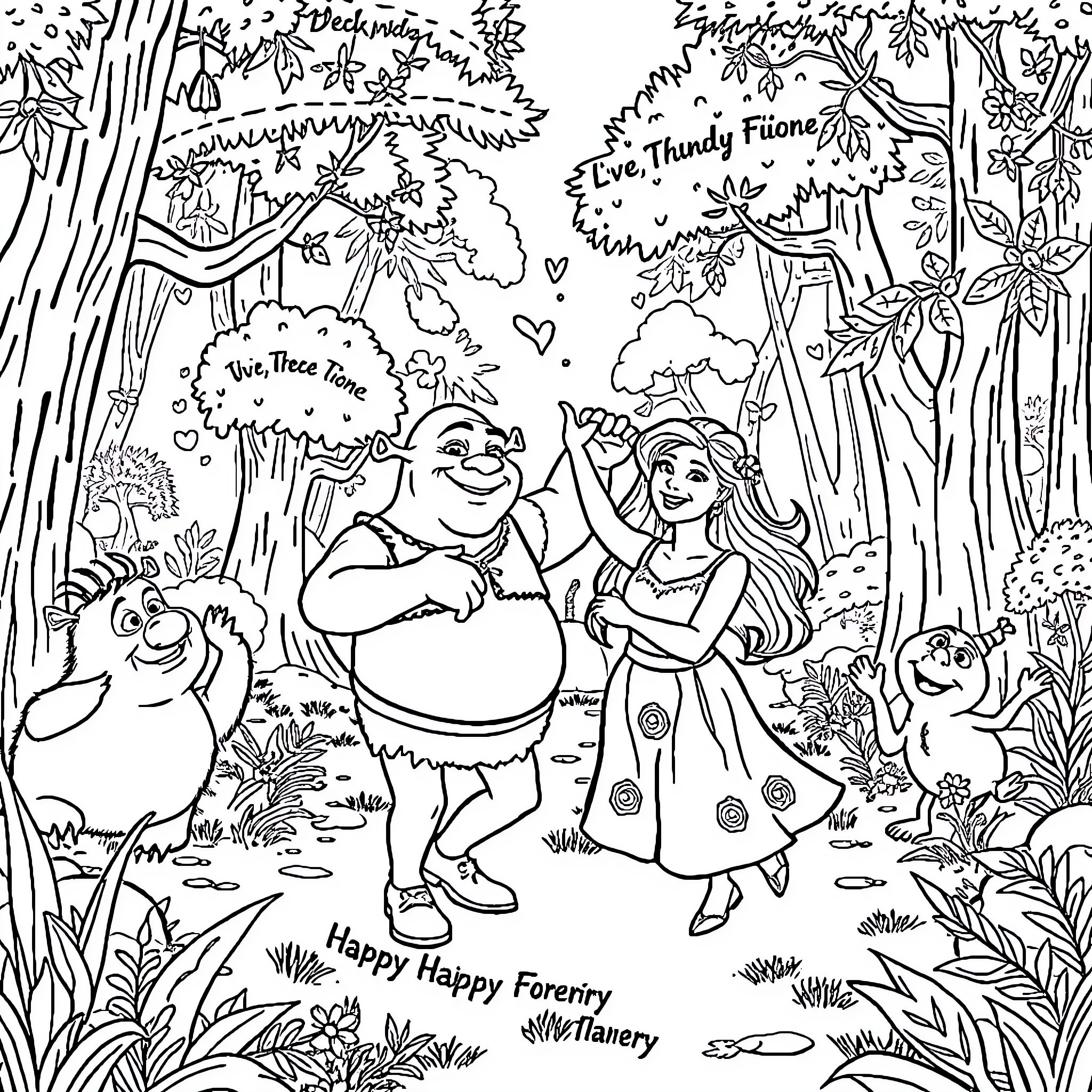 Shrek and Fiona's Enchanted Forest Adventure Coloring Page (free black-and-white line drawing printable PDF for all, from beginners to advanced learners, including children, teens, adults, and seniors)