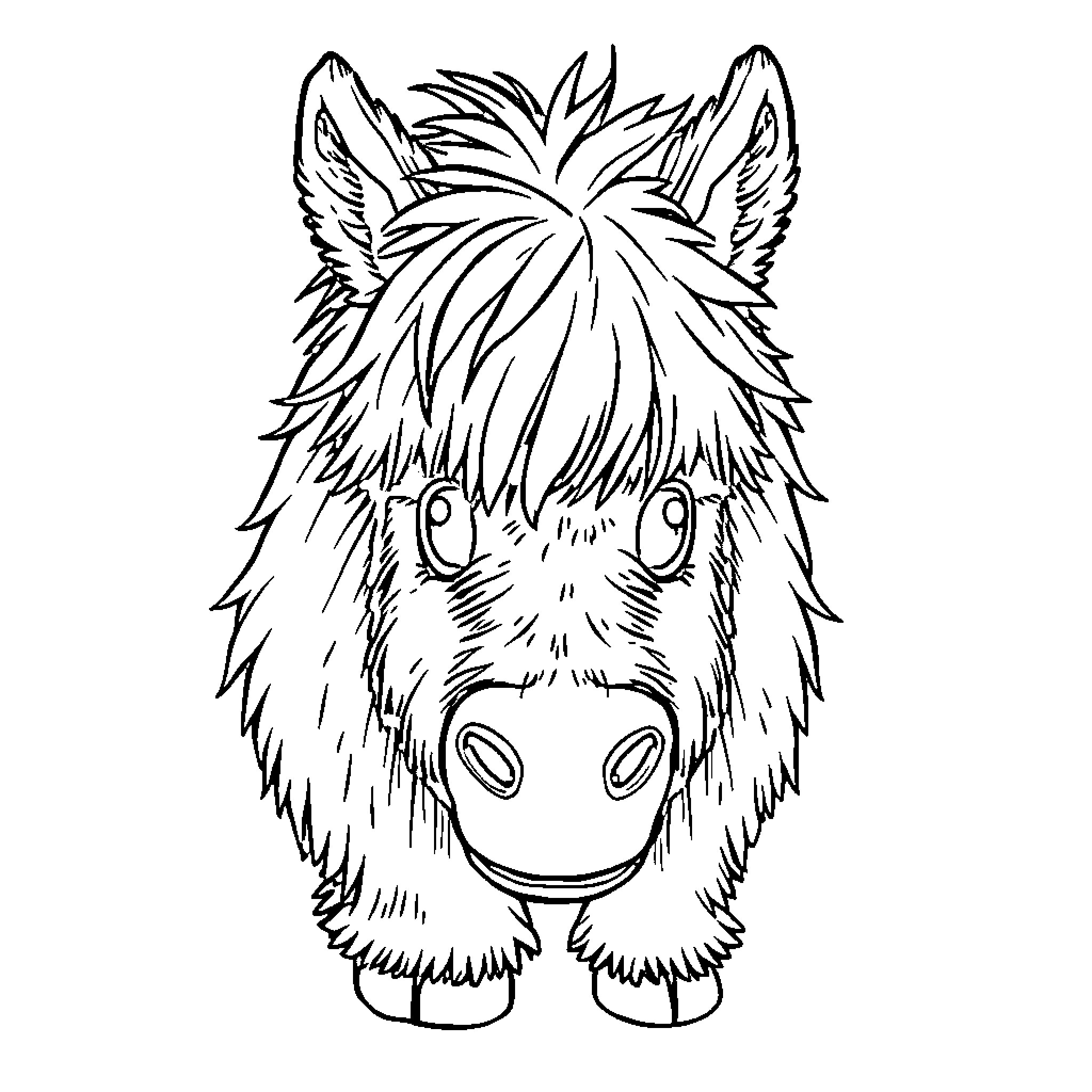 Pony with Fluffy Mane and Curious Expression Coloring Page (free black-and-white line drawing printable PDF for all, from beginners to advanced learners, including children, teens, adults, and seniors)