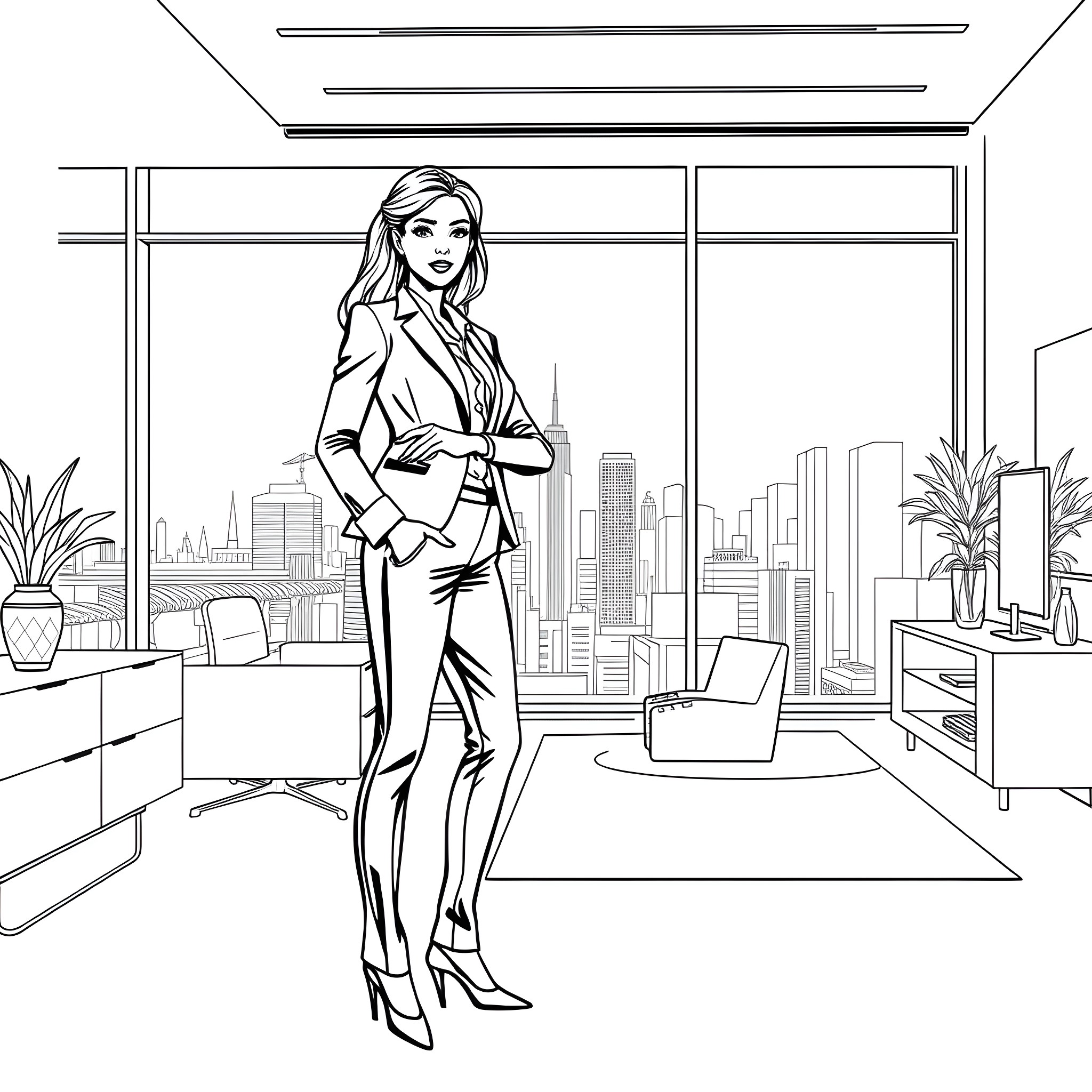 Business Woman Confidently Standing in Office Coloring Page (free black-and-white line drawing printable PDF for all, from beginners to advanced learners, including children, teens, adults, and seniors)