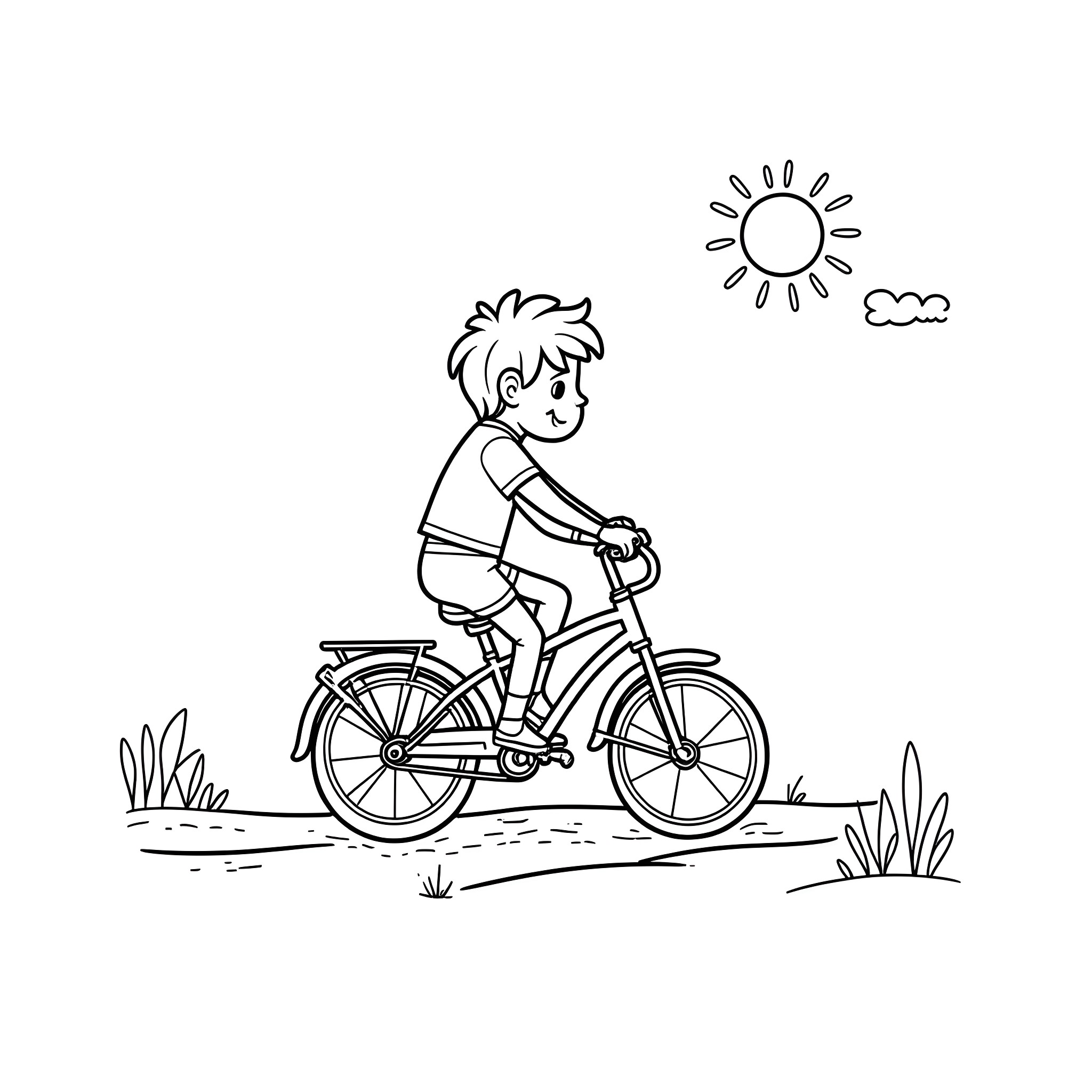 Kid riding bicycle outdoors on a sunny day Coloring Page (free black-and-white line drawing printable PDF for all, from beginners to advanced learners, including children, teens, adults, and seniors)