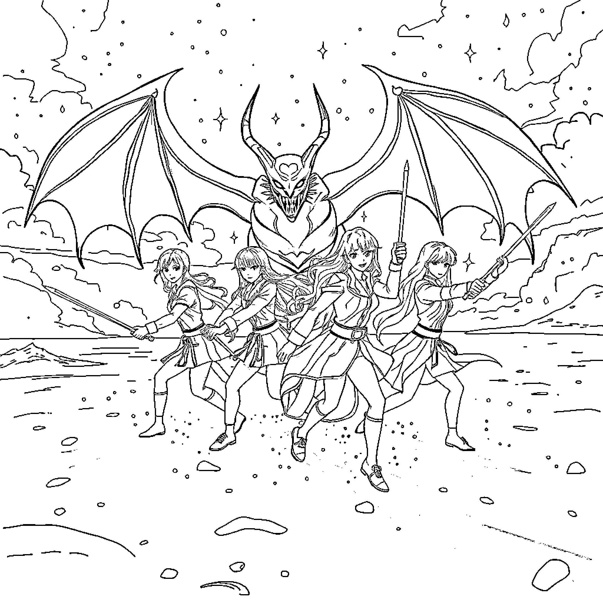 K Pop Fantasy Characters in Heroic Action Poses Coloring Page (free black-and-white line drawing printable PDF for all, from beginners to advanced learners, including children, teens, adults, and seniors)