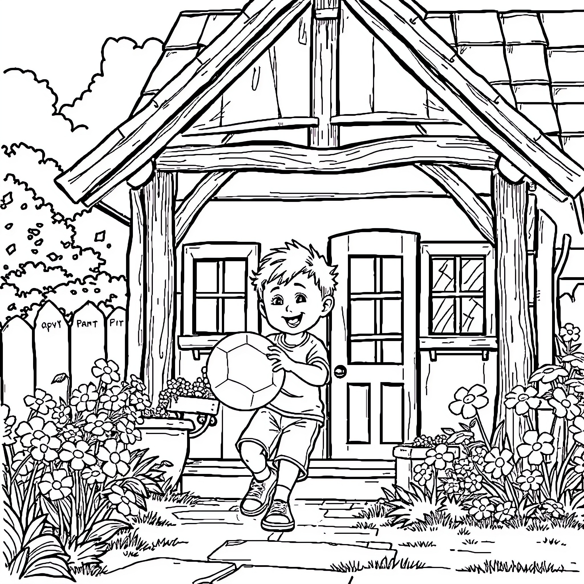 Boy playing with ball outside rustic cottage Coloring Page (free black-and-white line drawing printable PDF for all, from beginners to advanced learners, including children, teens, adults, and seniors)