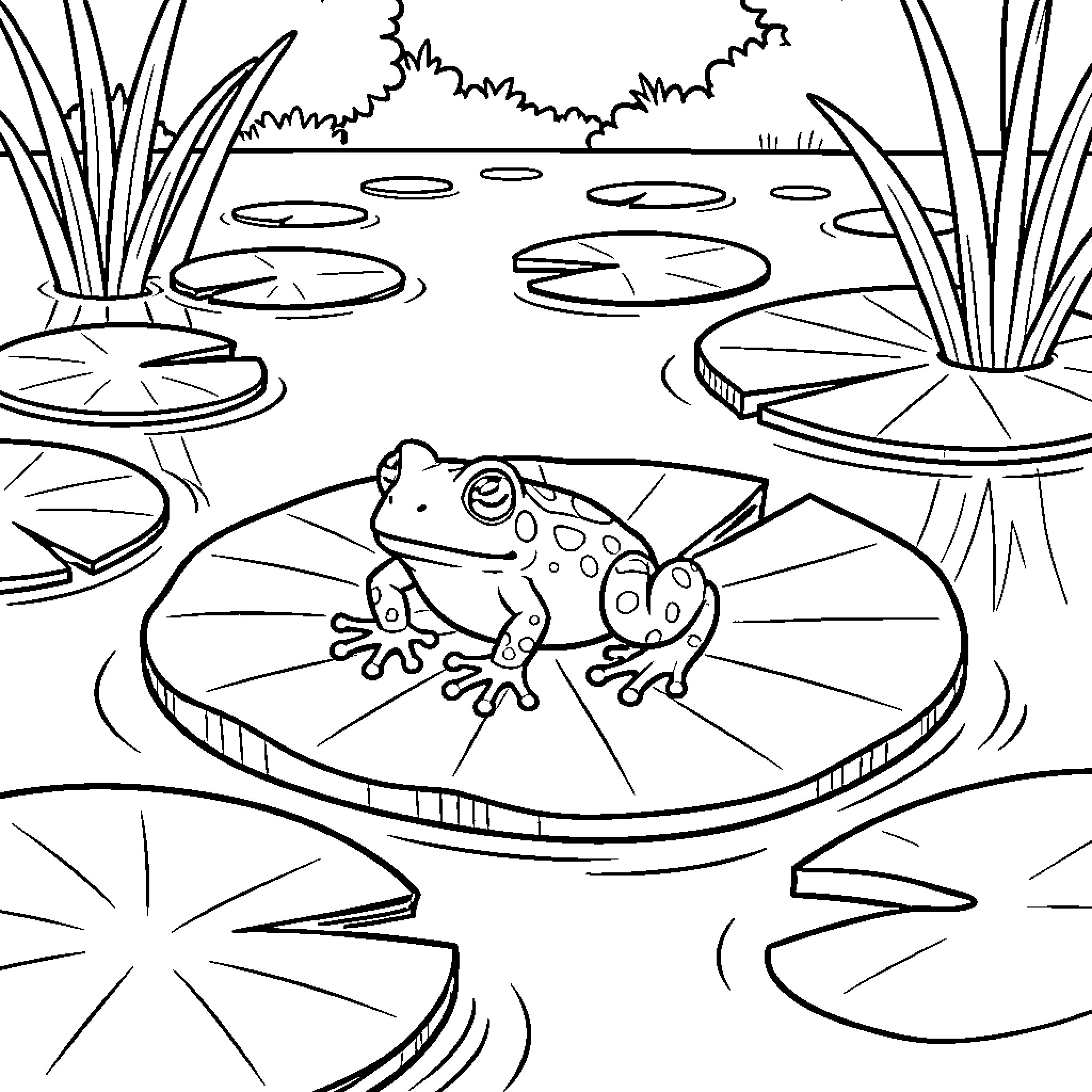 Frog sitting calmly on a lily pad Coloring Page (free black-and-white line drawing printable PDF for all, from beginners to advanced learners, including children, teens, adults, and seniors)