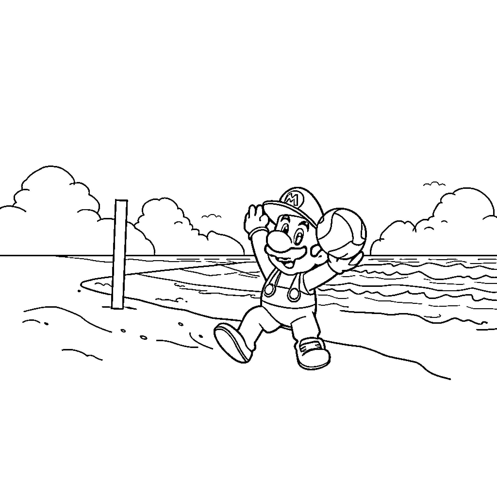 Mario's Seaside Adventure Coloring Page (free black-and-white line drawing printable PDF for all, from beginners to advanced learners, including children, teens, adults, and seniors)