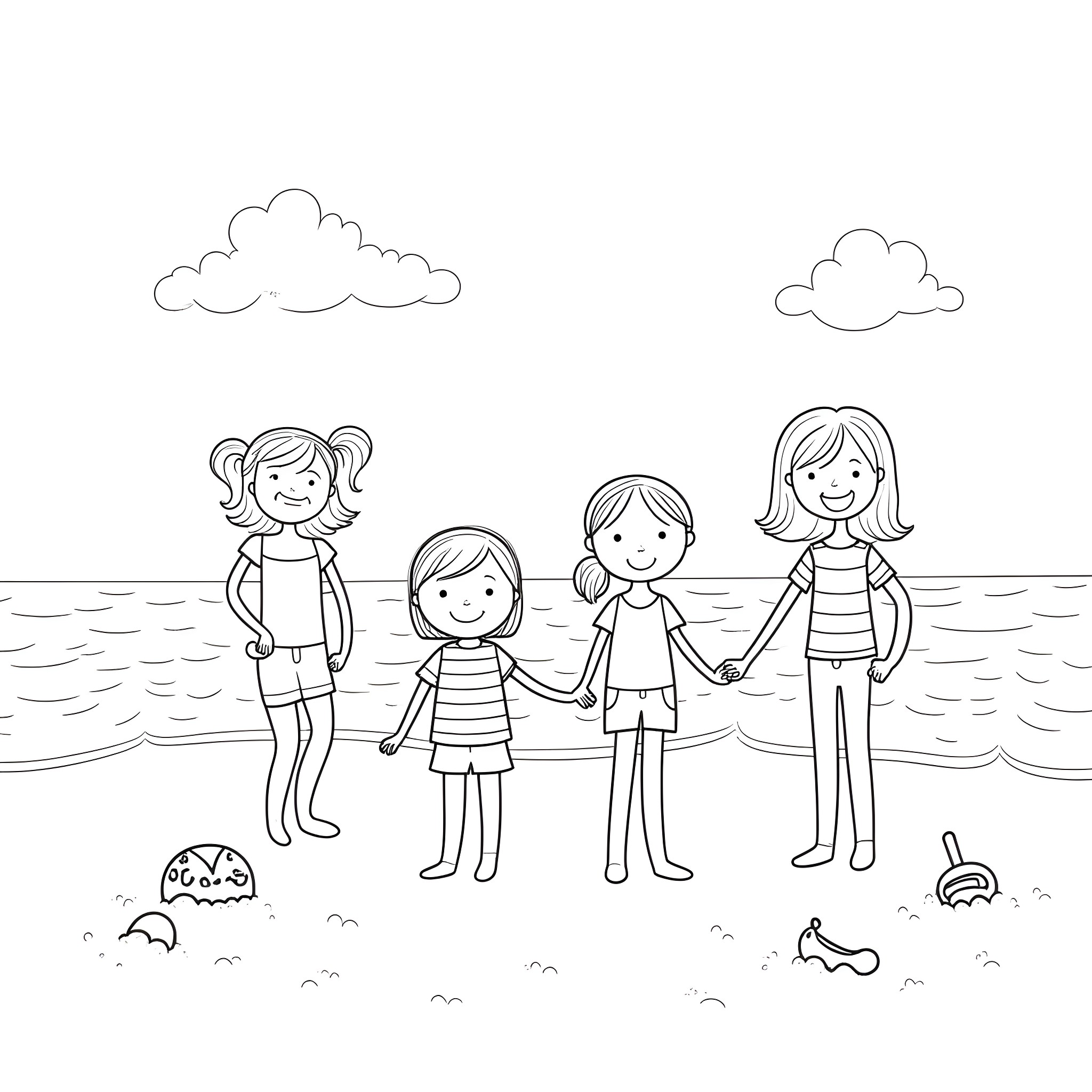 School friends enjoying a day at the beach Coloring Page (free black-and-white line drawing printable PDF for all, from beginners to advanced learners, including children, teens, adults, and seniors)
