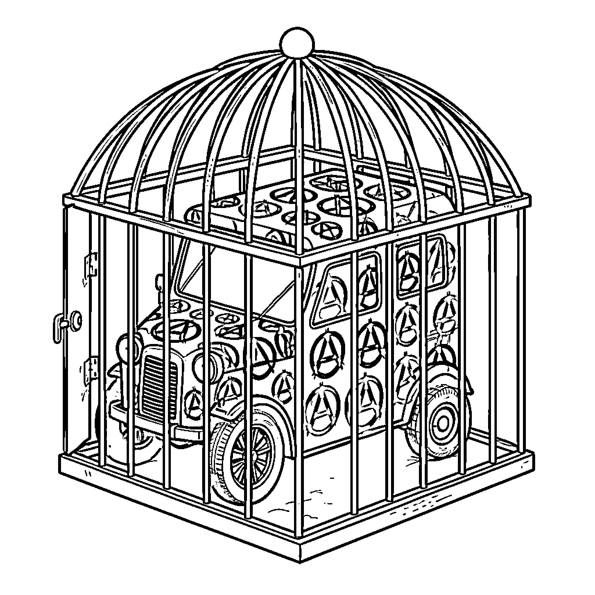 Buggie trapped inside a decorative birdcage Coloring Page (free black-and-white line drawing printable PDF for all, from beginners to advanced learners, including children, teens, adults, and seniors)