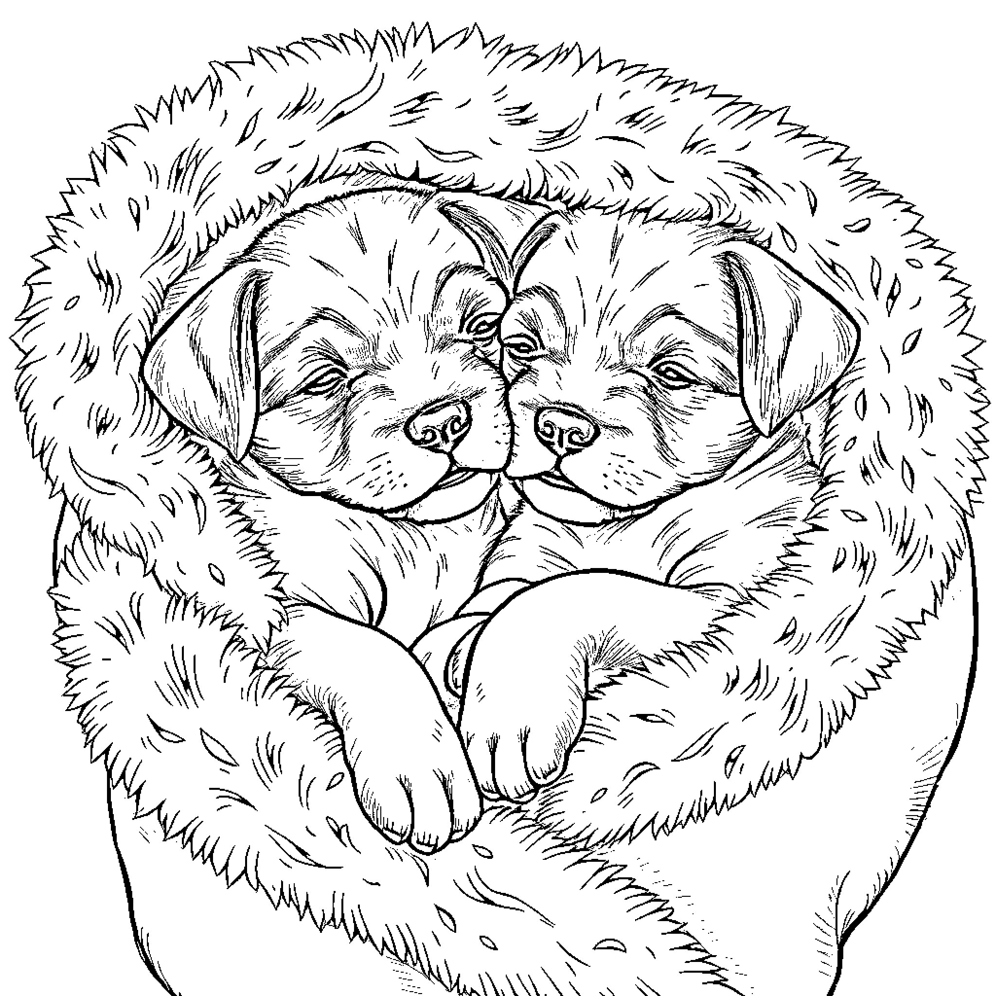 Puppy cuddling contently in cozy fluff Coloring Page (free black-and-white line drawing printable PDF for all, from beginners to advanced learners, including children, teens, adults, and seniors)