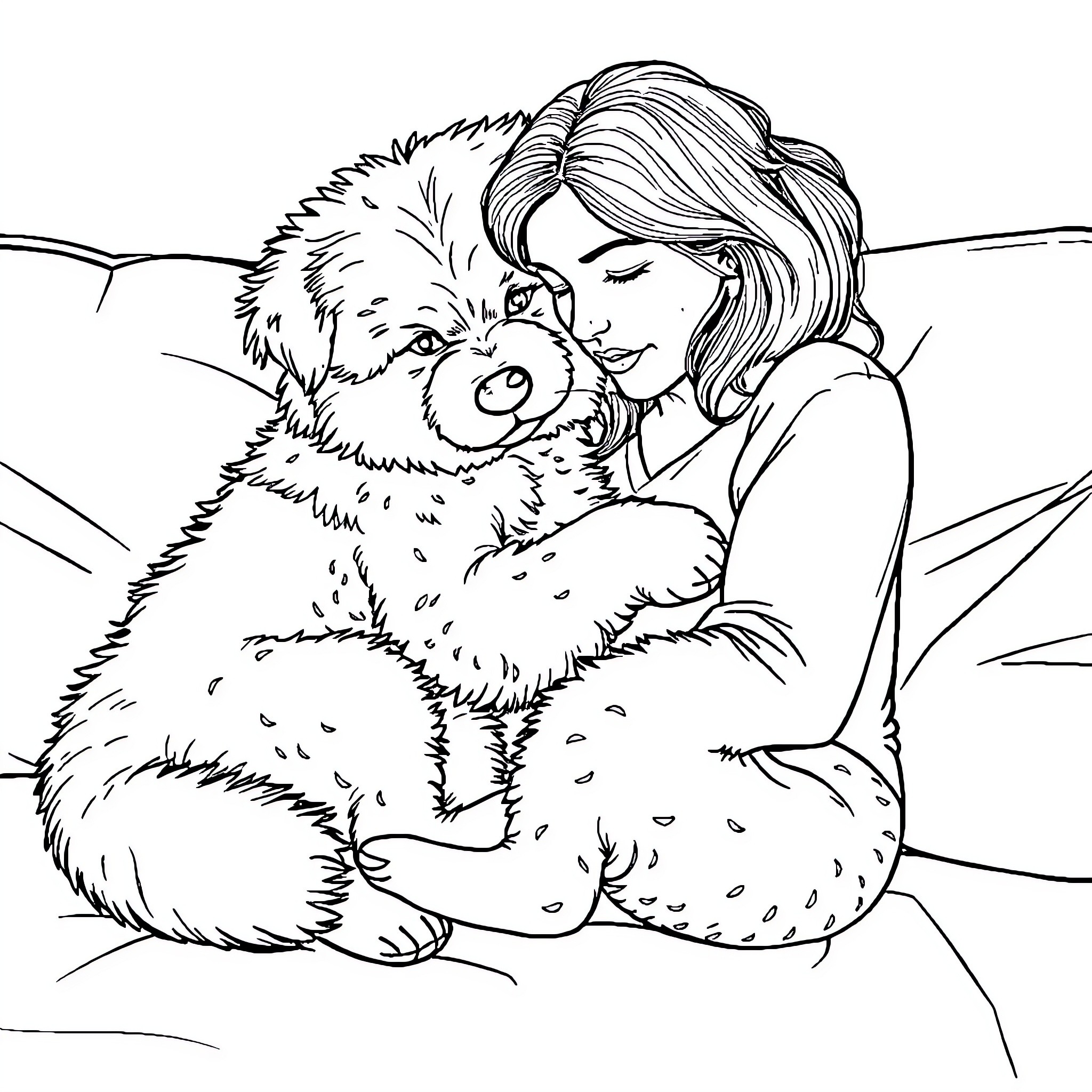 Dog cuddling with owner on couch Coloring Page (free black-and-white line drawing printable PDF for all, from beginners to advanced learners, including children, teens, adults, and seniors)