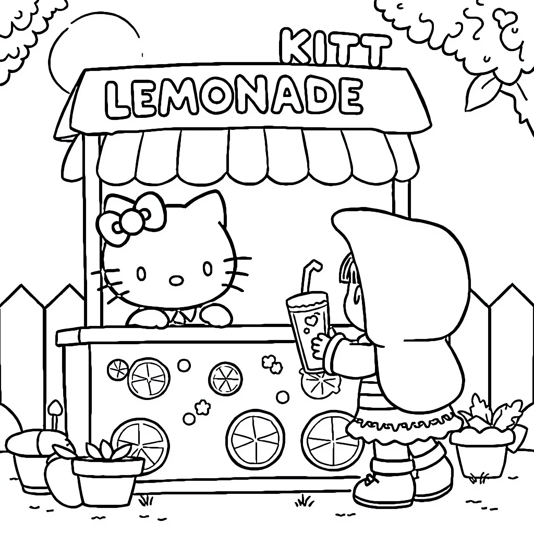 Hello Kitty running a lemonade stand Coloring Page (free black-and-white line drawing printable PDF for all, from beginners to advanced learners, including children, teens, adults, and seniors)