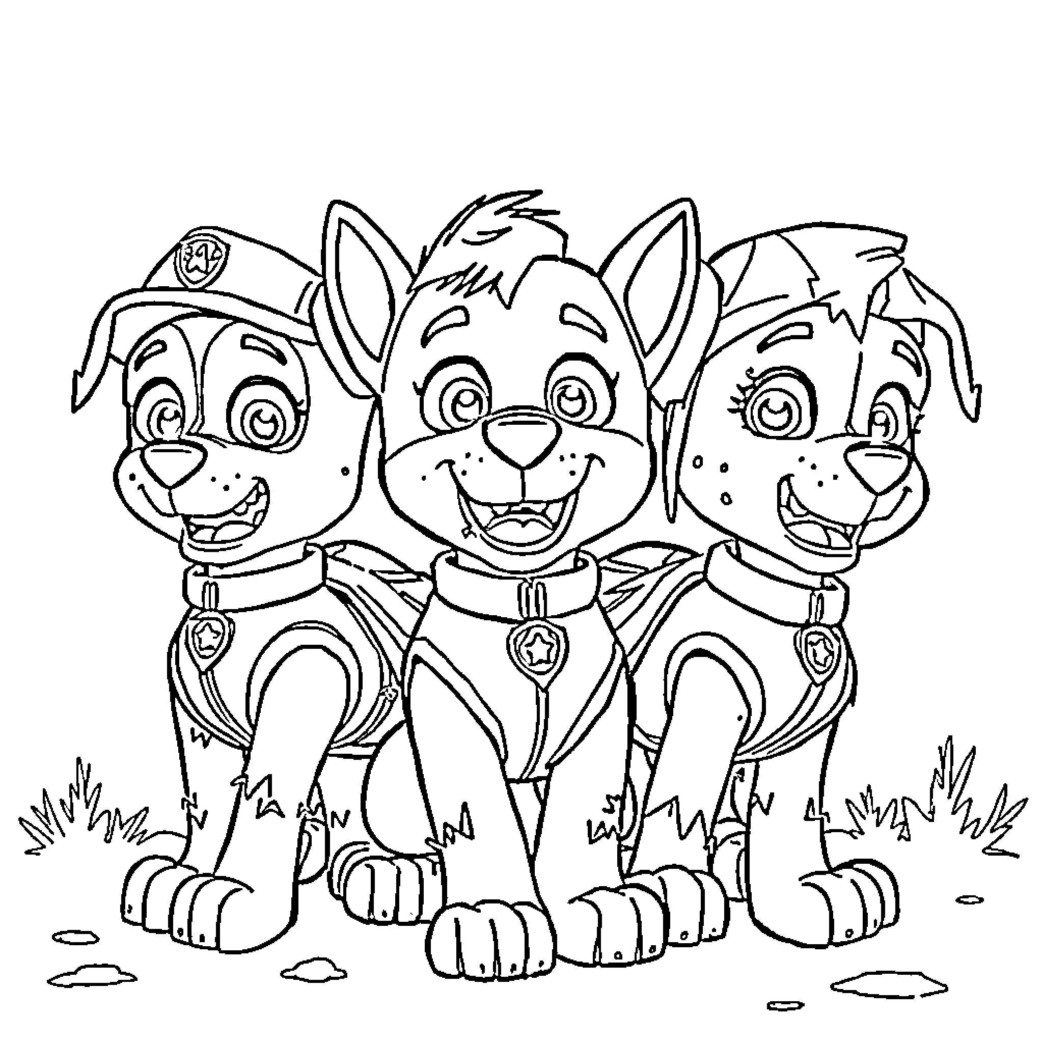 Paw Patrol pups playing together happily in the field Coloring Page (free black-and-white line drawing printable PDF for all, from beginners to advanced learners, including children, teens, adults, and seniors)