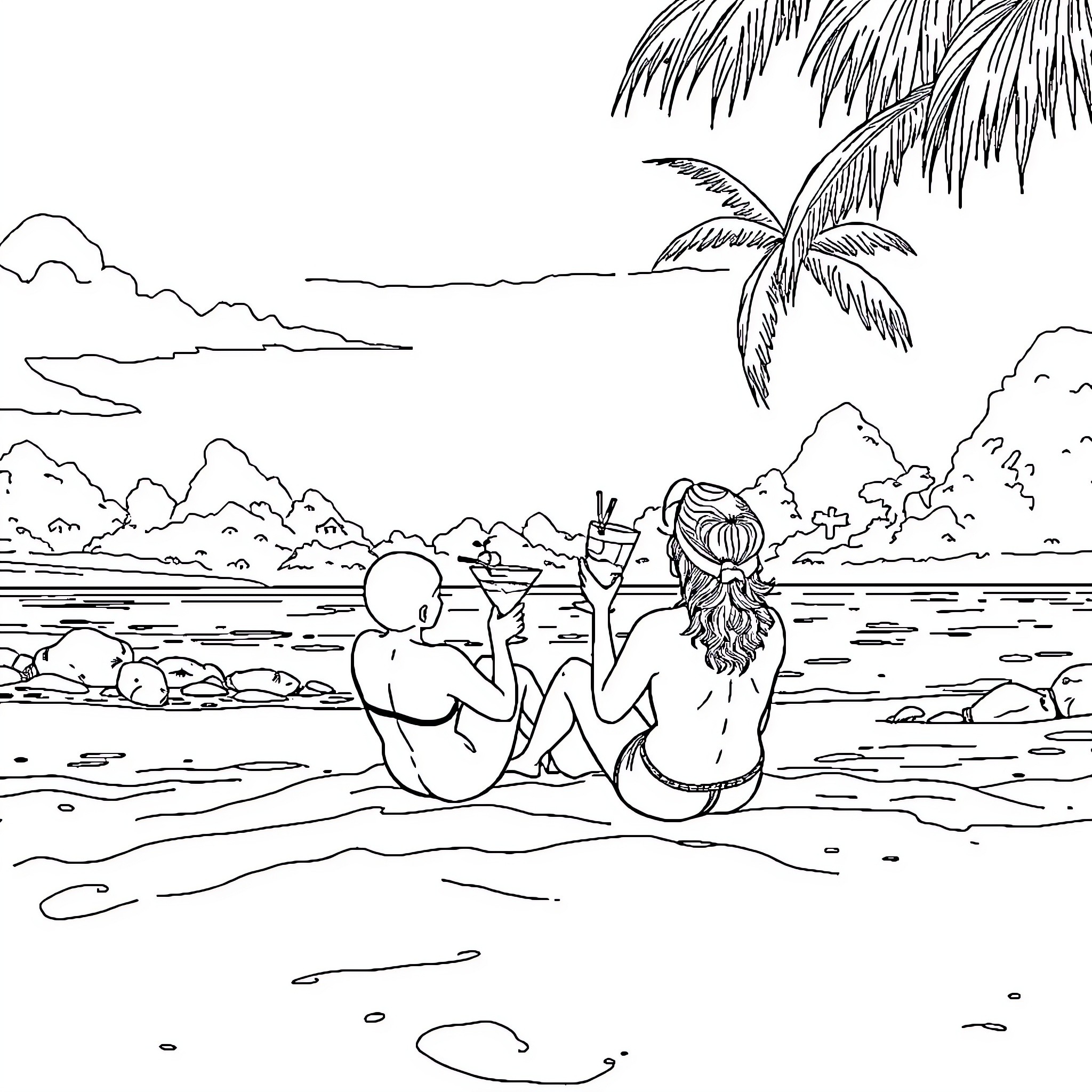Person enjoying drinks on tropical beach Coloring Page (free black-and-white line drawing printable PDF for all, from beginners to advanced learners, including children, teens, adults, and seniors)