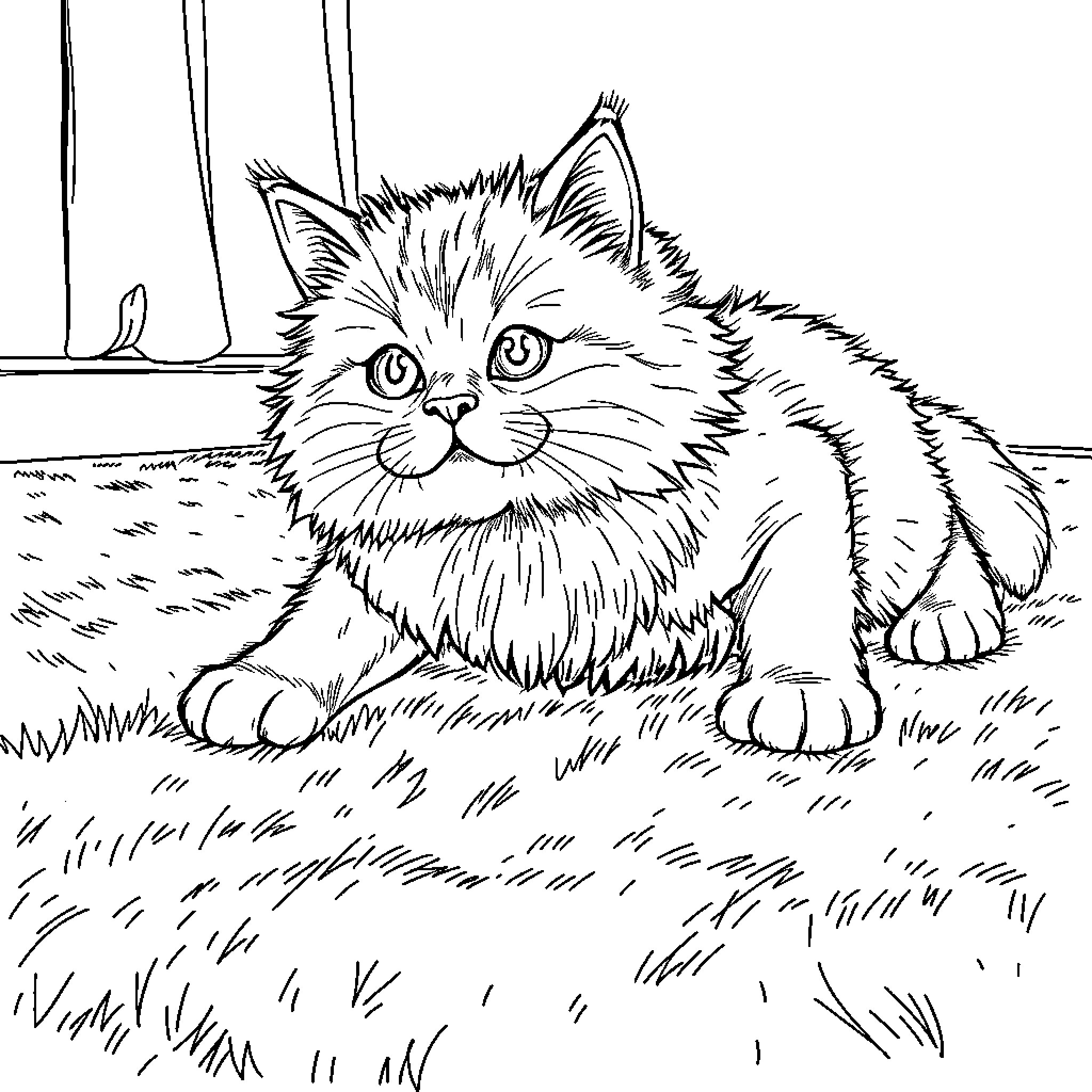 Cat resting peacefully in a grassy field Coloring Page (free black-and-white line drawing printable PDF for all, from beginners to advanced learners, including children, teens, adults, and seniors)