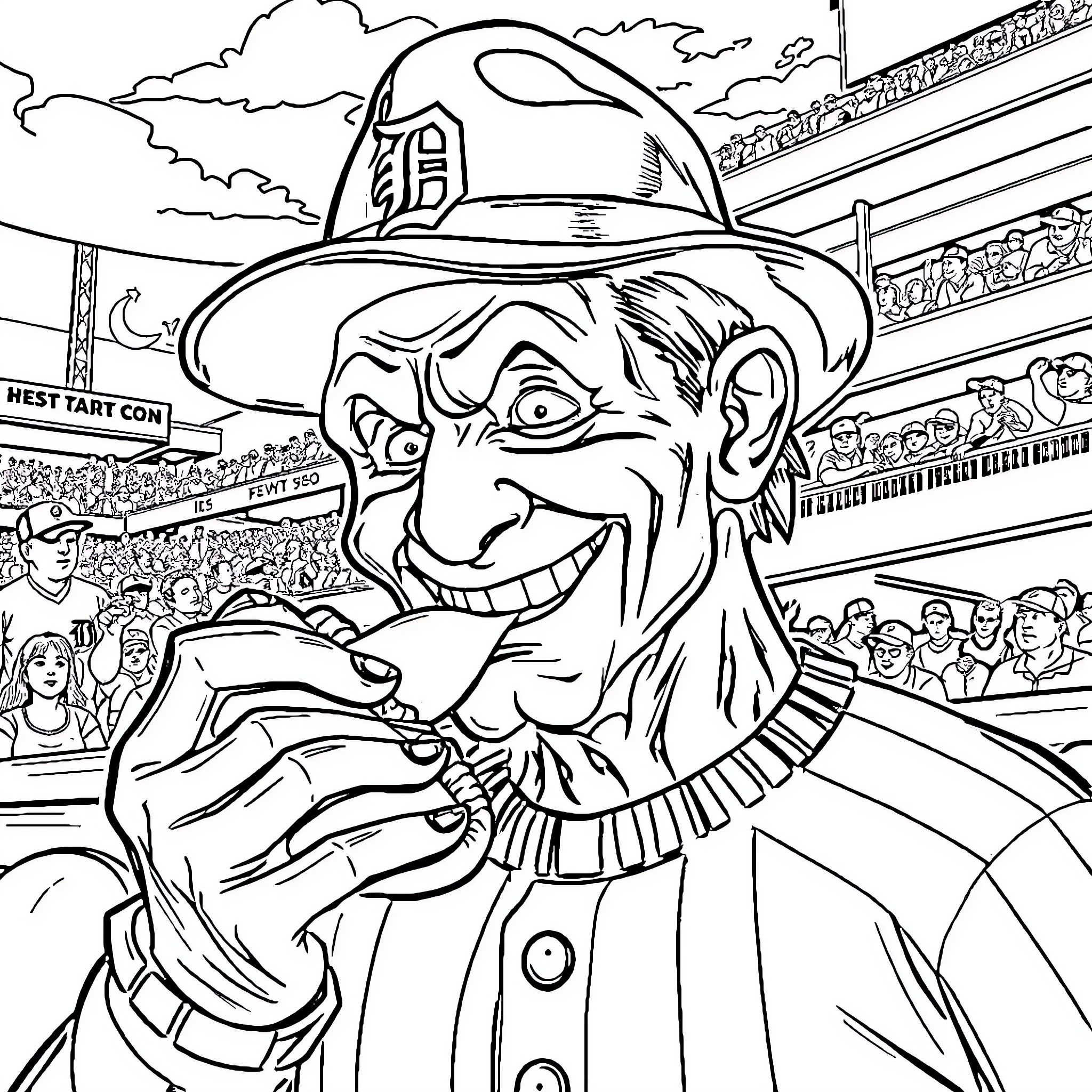 Freddy Krueger Entertaining the Crowd in a Stadium Coloring Page (free black-and-white line drawing printable PDF for all, from beginners to advanced learners, including children, teens, adults, and seniors)