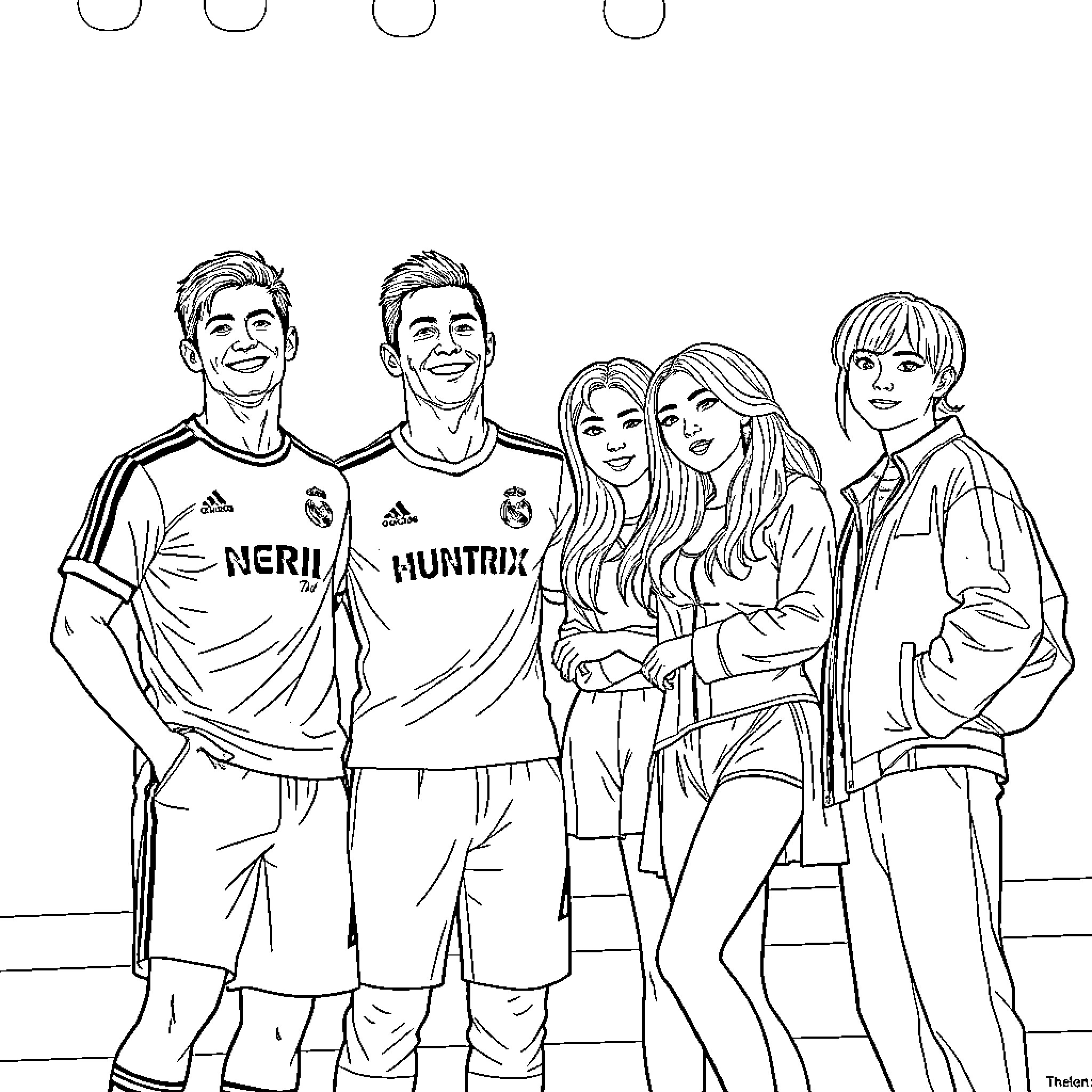 Cristiano Ronaldo with teammates and family posing for a photo Coloring Page (free black-and-white line drawing printable PDF for all, from beginners to advanced learners, including children, teens, adults, and seniors)