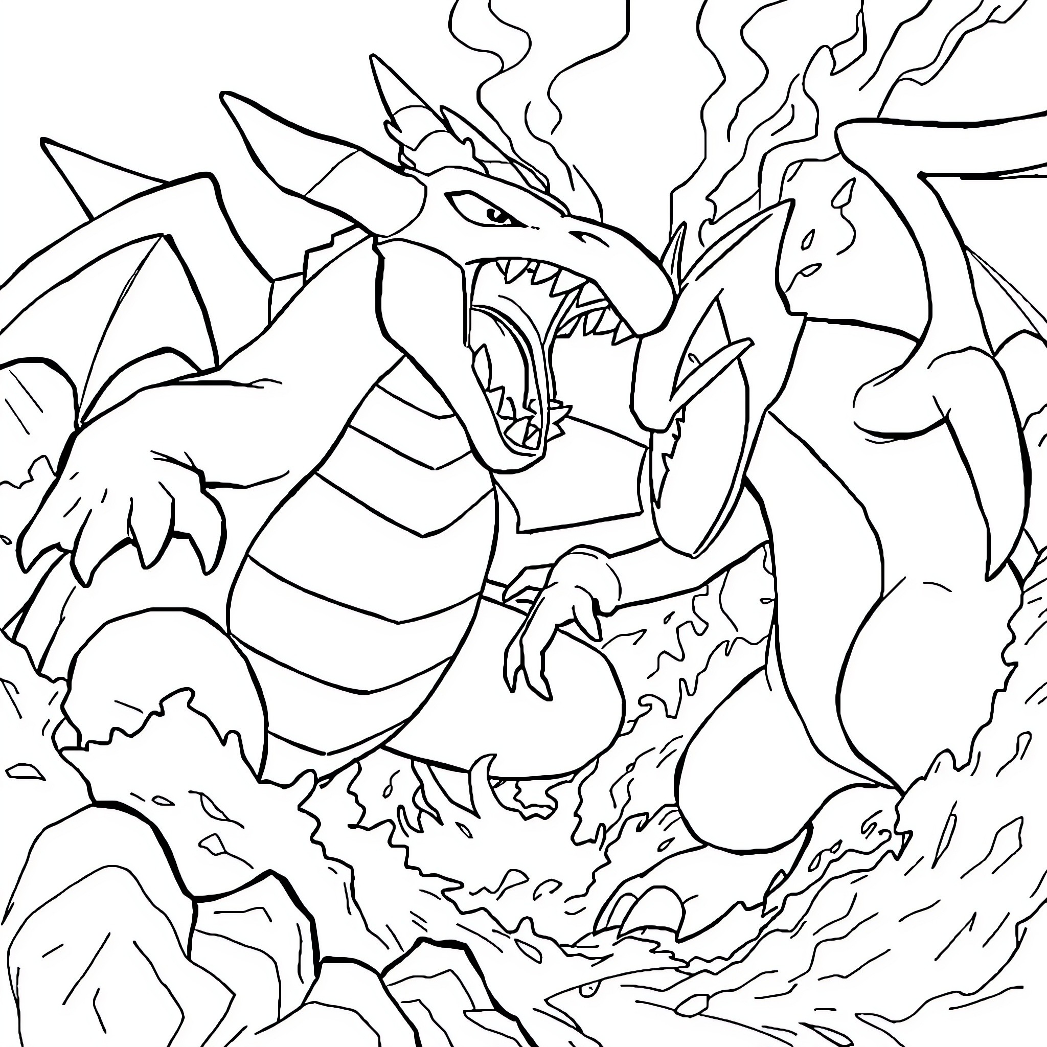 Gyarados ferociously emerging from the water Coloring Page (free black-and-white line drawing printable PDF for all, from beginners to advanced learners, including children, teens, adults, and seniors)