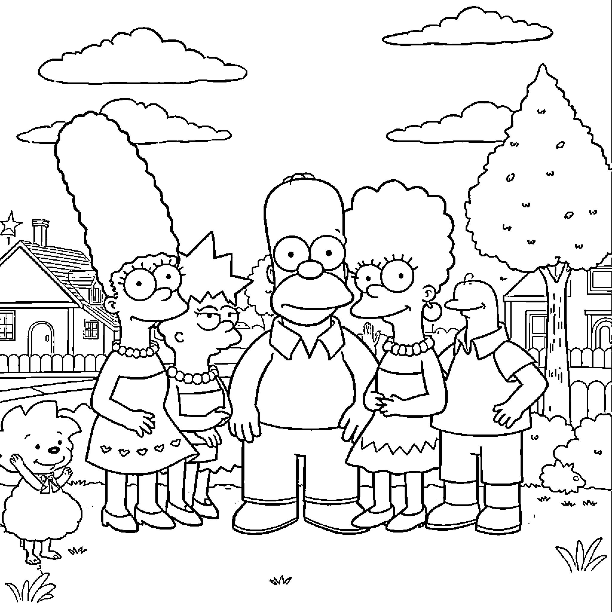 Simpsons family posing together in town Coloring Page (free black-and-white line drawing printable PDF for all, from beginners to advanced learners, including children, teens, adults, and seniors)