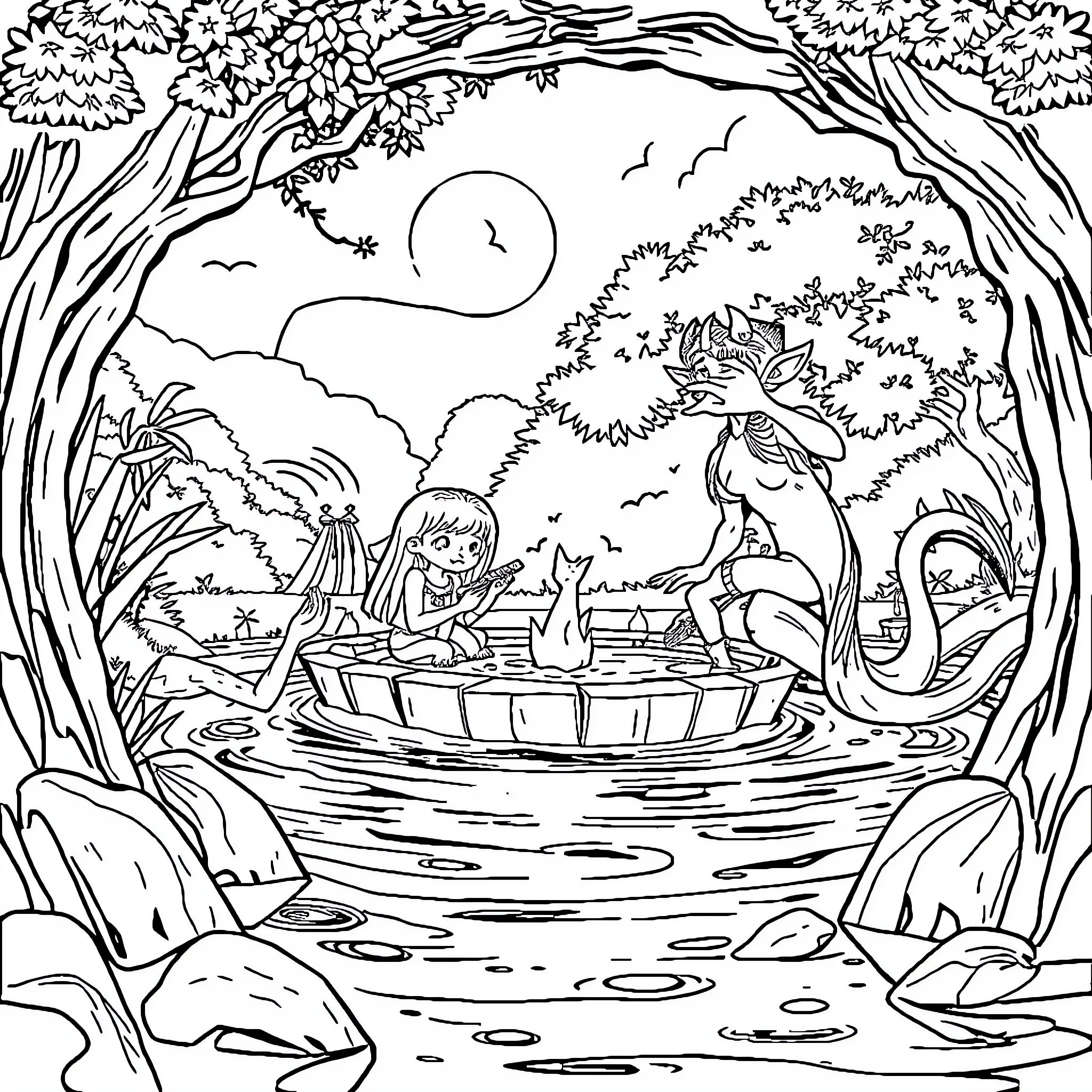 Castor and the Woodland Creatures Coloring Page (free black-and-white line drawing printable PDF for all, from beginners to advanced learners, including children, teens, adults, and seniors)