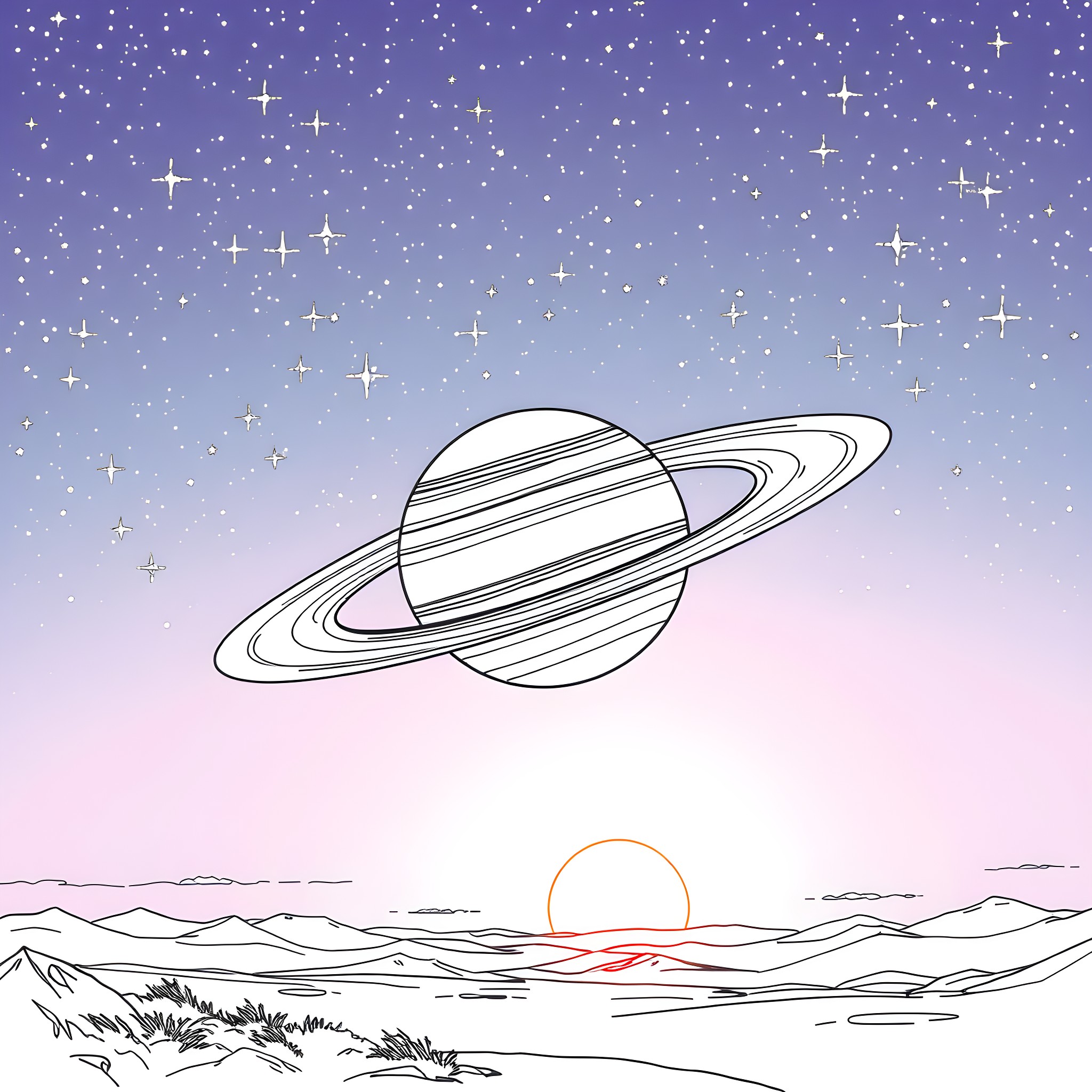 Saturn shines in the starry night sky Coloring Page (free black-and-white line drawing printable PDF for all, from beginners to advanced learners, including children, teens, adults, and seniors)