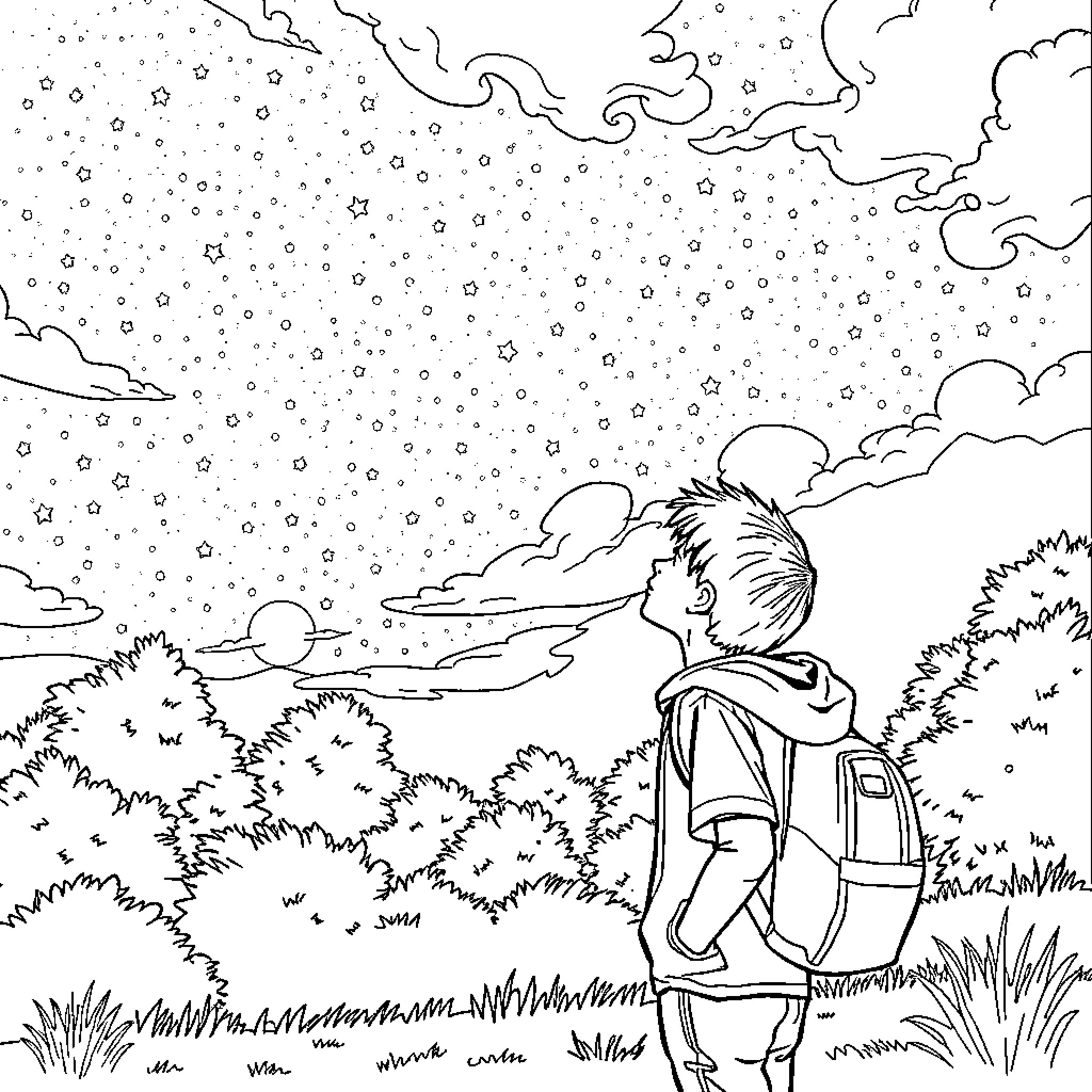 Boy gazing at stars under night sky Coloring Page (free black-and-white line drawing printable PDF for all, from beginners to advanced learners, including children, teens, adults, and seniors)