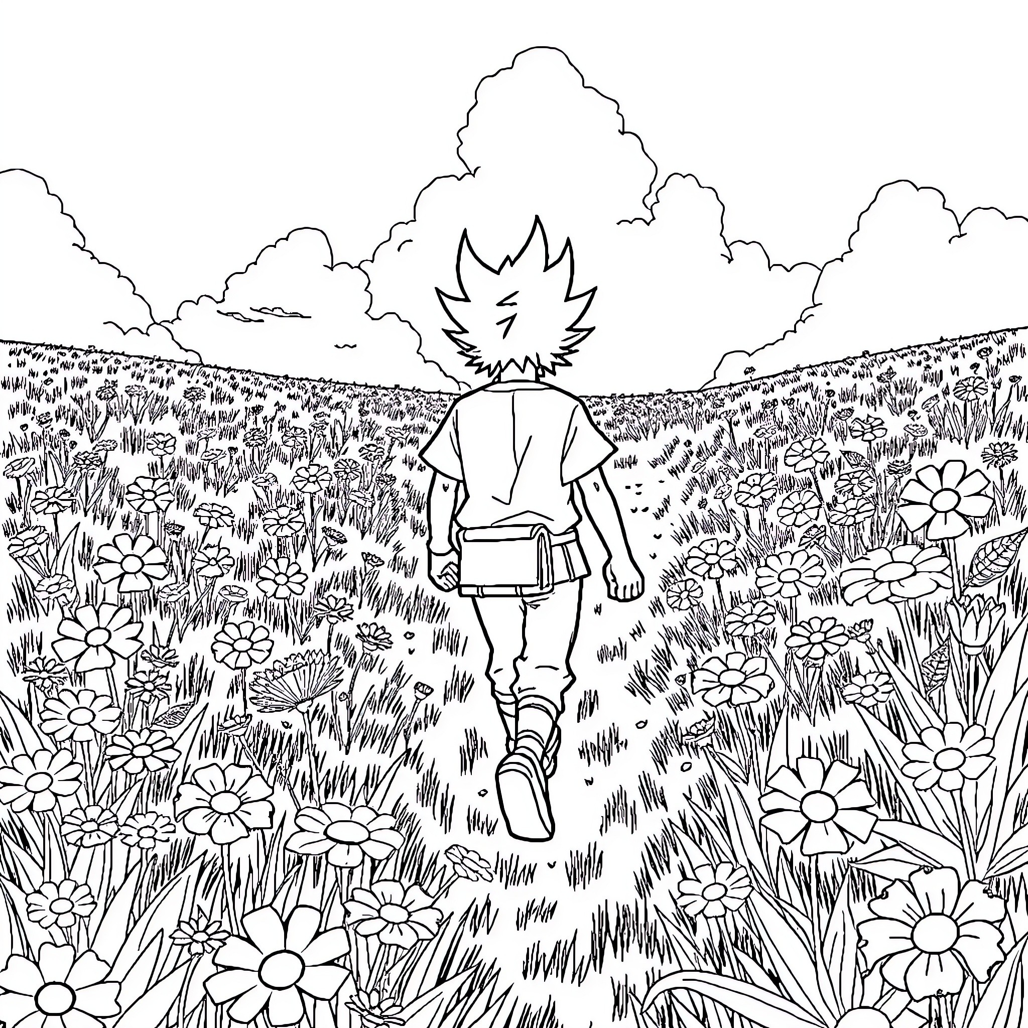 Dragon Wandering Through Vibrant Flower Meadow Coloring Page (free black-and-white line drawing printable PDF for all, from beginners to advanced learners, including children, teens, adults, and seniors)
