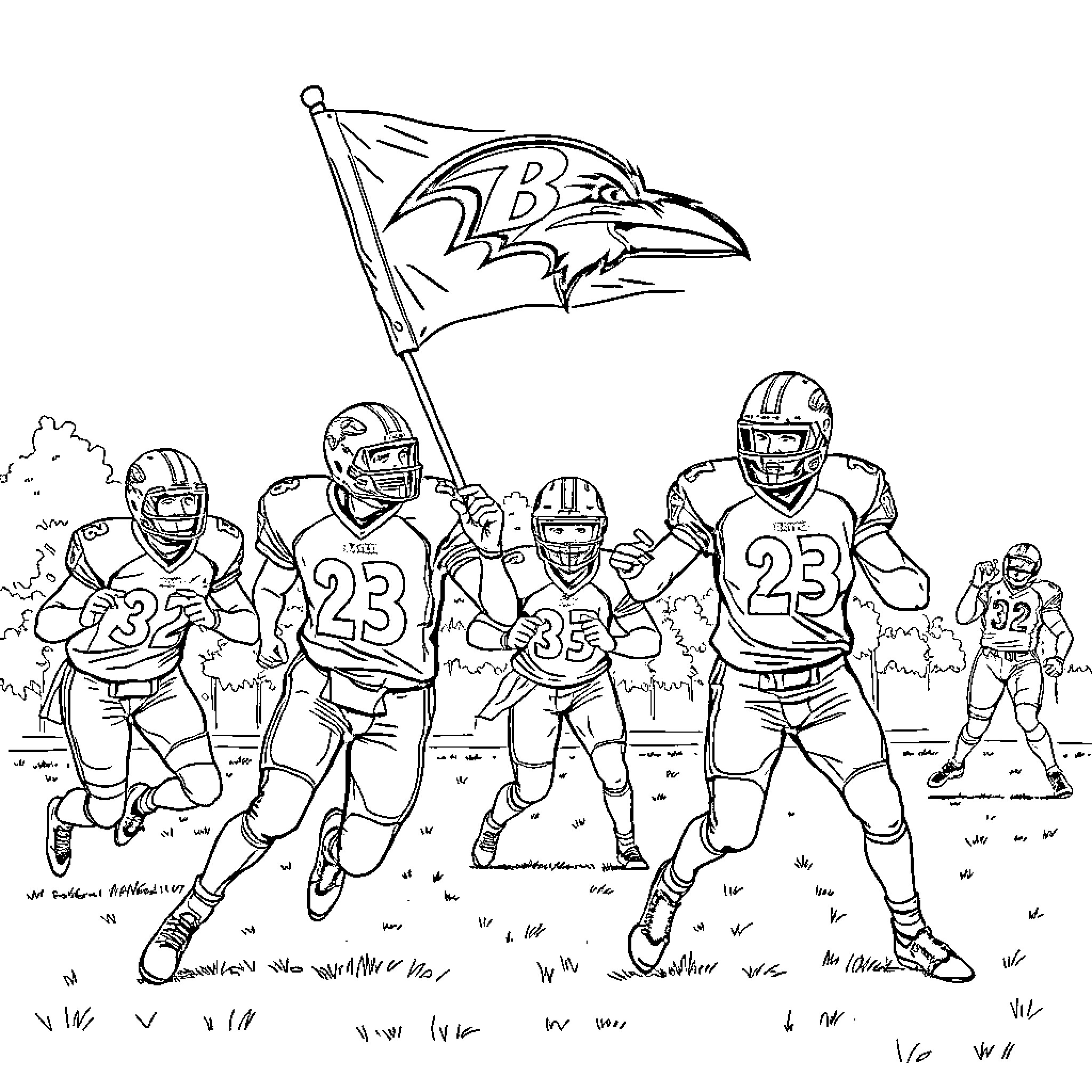Raven football players in action on the field Coloring Page (free black-and-white line drawing printable PDF for all, from beginners to advanced learners, including children, teens, adults, and seniors)