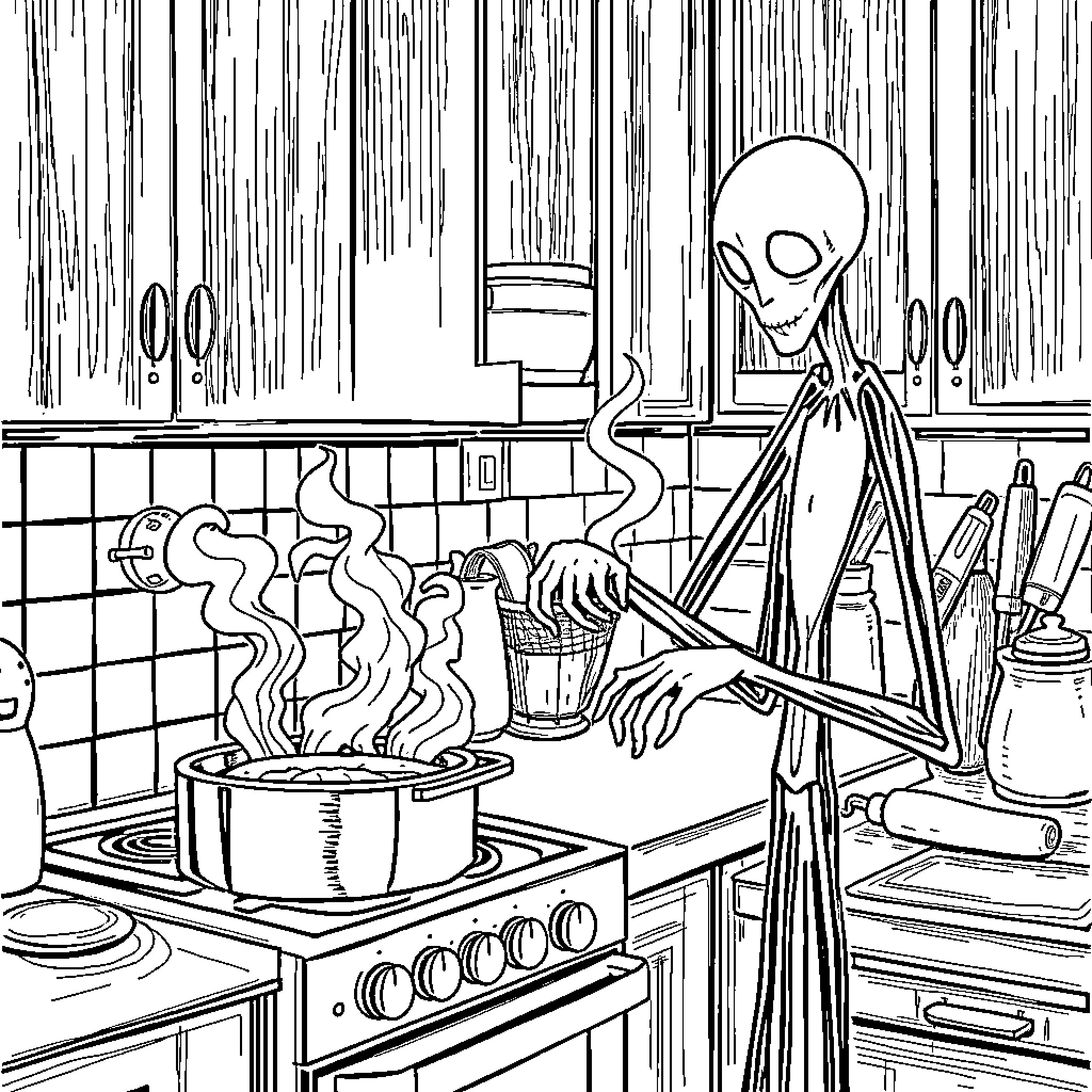 Slenderman cooking in a messy kitchen Coloring Page (free black-and-white line drawing printable PDF for all, from beginners to advanced learners, including children, teens, adults, and seniors)