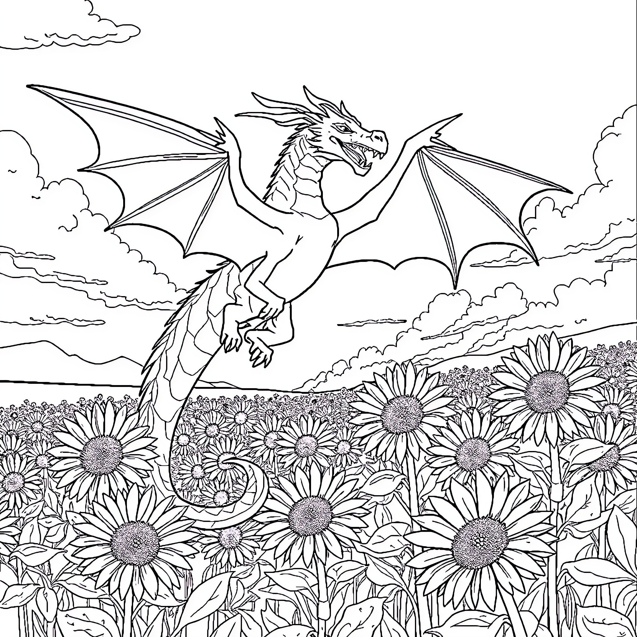 Dragon soaring above a field of sunflowers Coloring Page (free black-and-white line drawing printable PDF for all, from beginners to advanced learners, including children, teens, adults, and seniors)