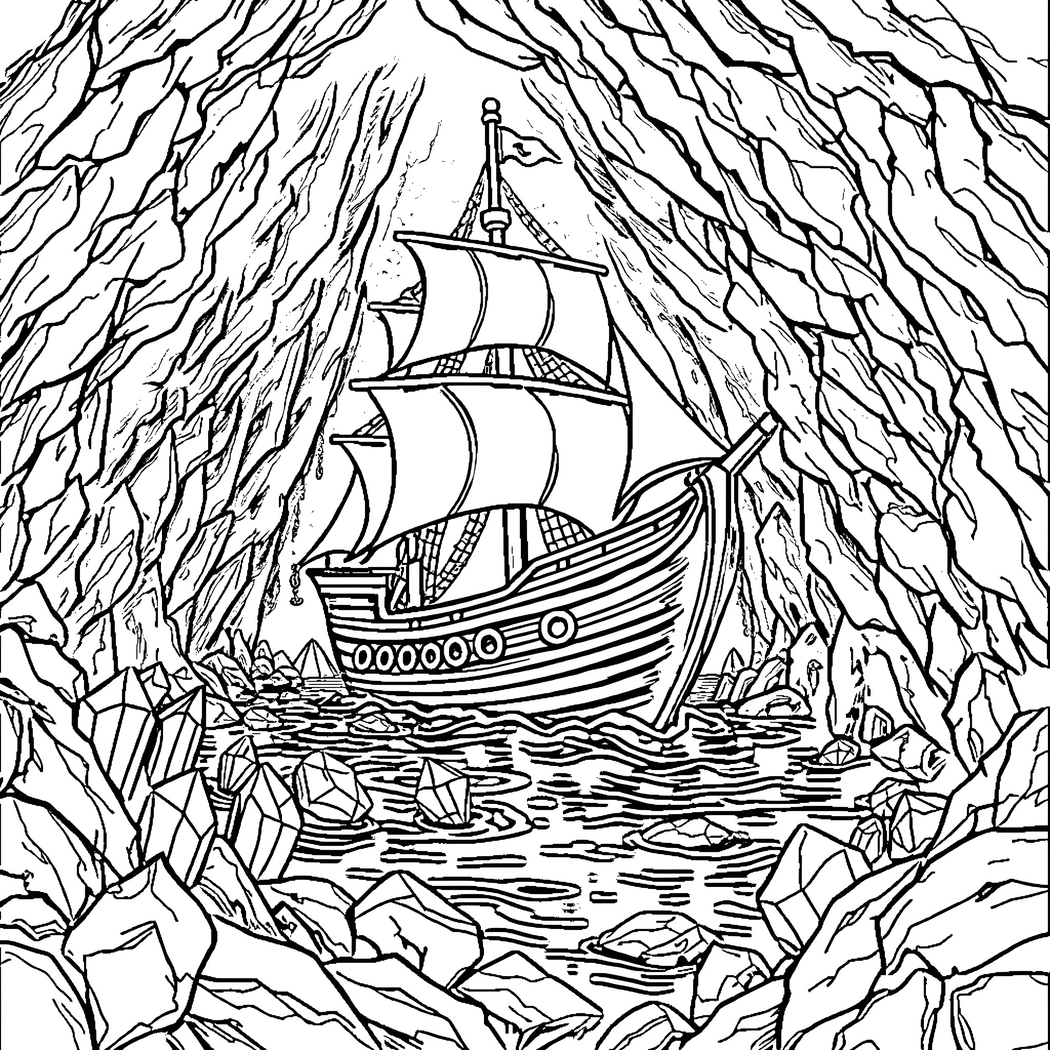Pirate Ship Navigating Treacherous Waters Coloring Page (free black-and-white line drawing printable PDF for all, from beginners to advanced learners, including children, teens, adults, and seniors)