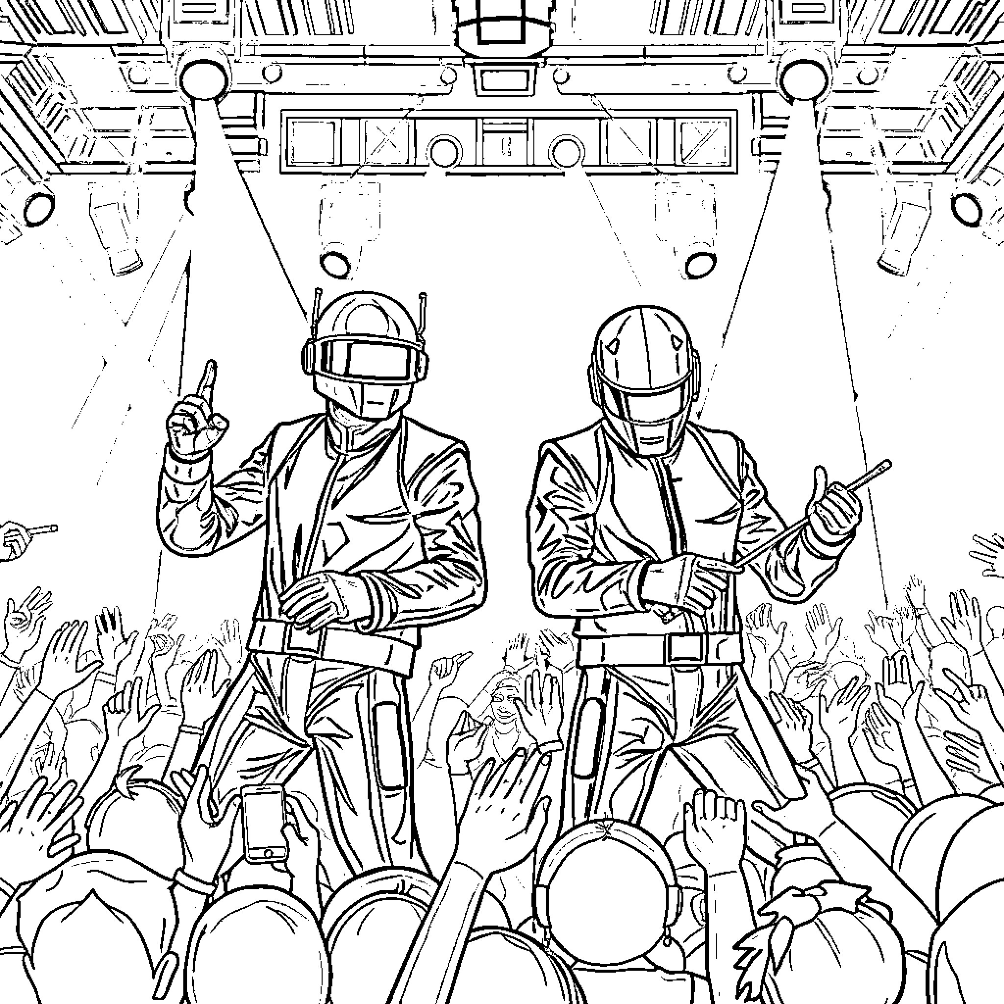 Daft Punk Performing on Stage with Crowd Coloring Page (free black-and-white line drawing printable PDF for all, from beginners to advanced learners, including children, teens, adults, and seniors)