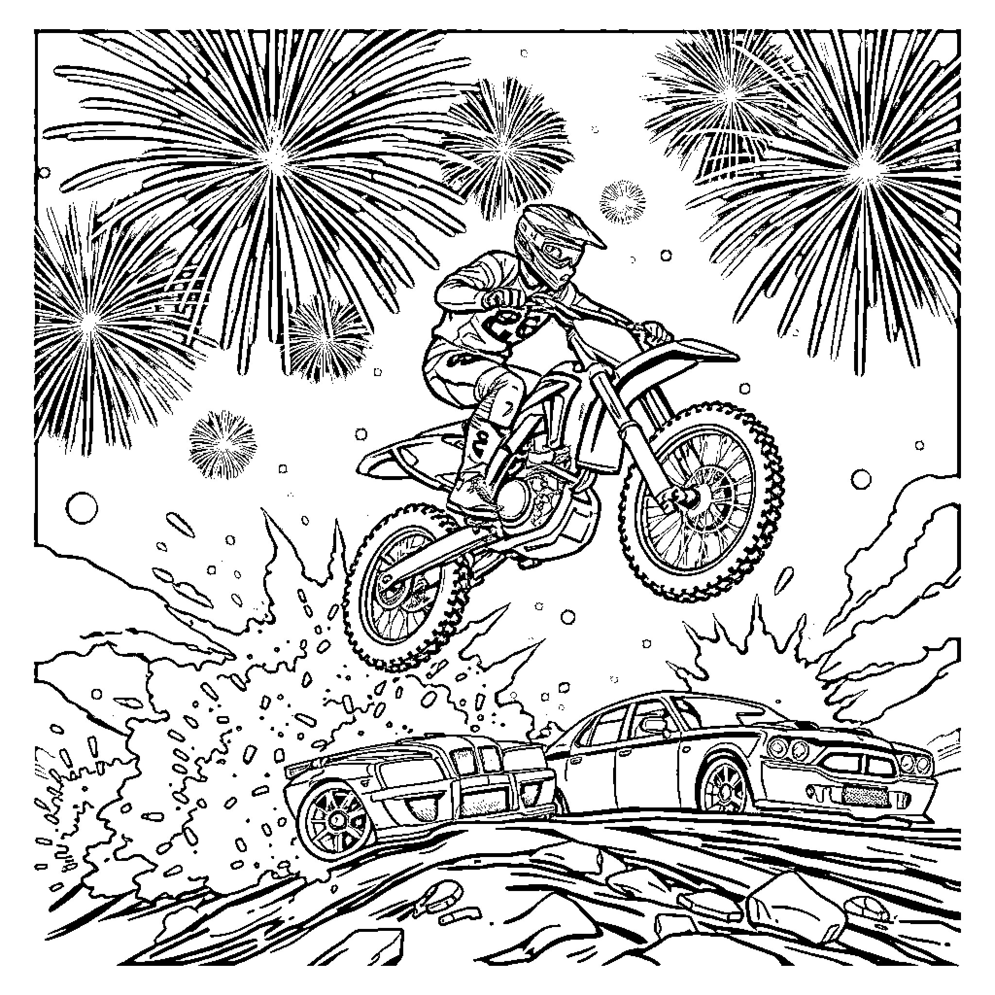 Dirtbike stunts amidst fireworks display Coloring Page (free black-and-white line drawing printable PDF for all, from beginners to advanced learners, including children, teens, adults, and seniors)