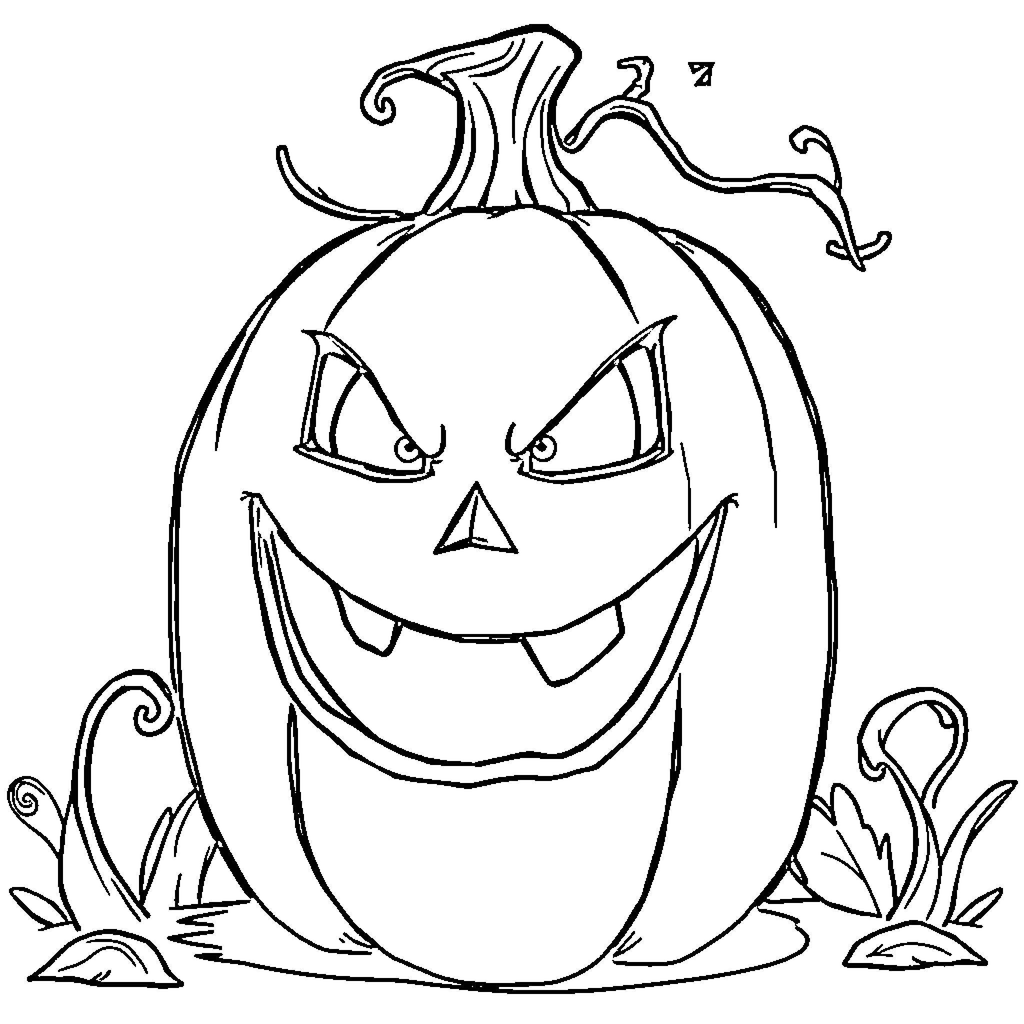Pumpkin with spooky face and vines Coloring Page (free black-and-white line drawing printable PDF for all, from beginners to advanced learners, including children, teens, adults, and seniors)