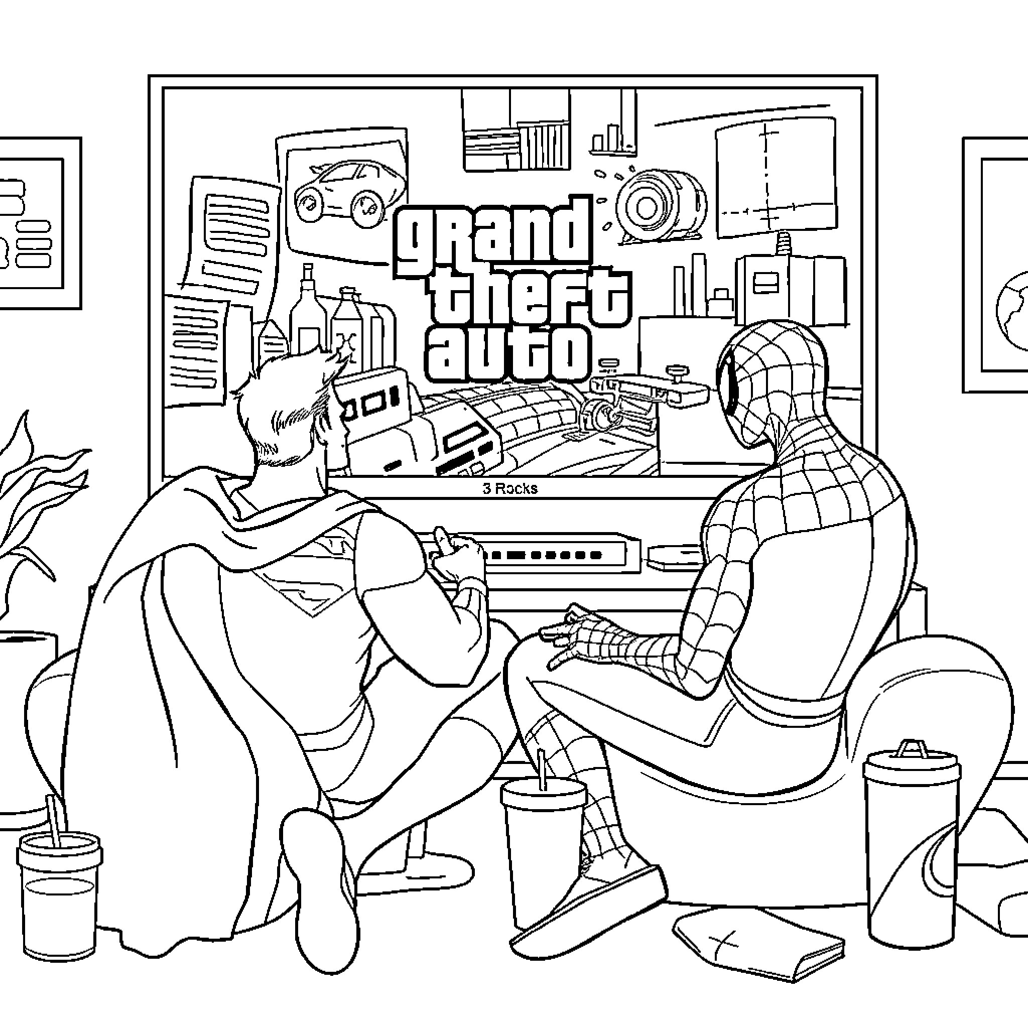 Superheroes Enjoying Grand Theft Auto Video Game Coloring Page (free black-and-white line drawing printable PDF for all, from beginners to advanced learners, including children, teens, adults, and seniors)