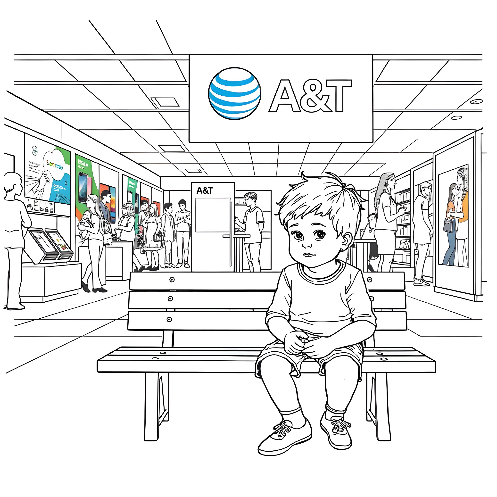 Kid waiting in an AT&T store Coloring Page (free black-and-white line drawing printable PDF for all, from beginners to advanced learners, including children, teens, adults, and seniors)