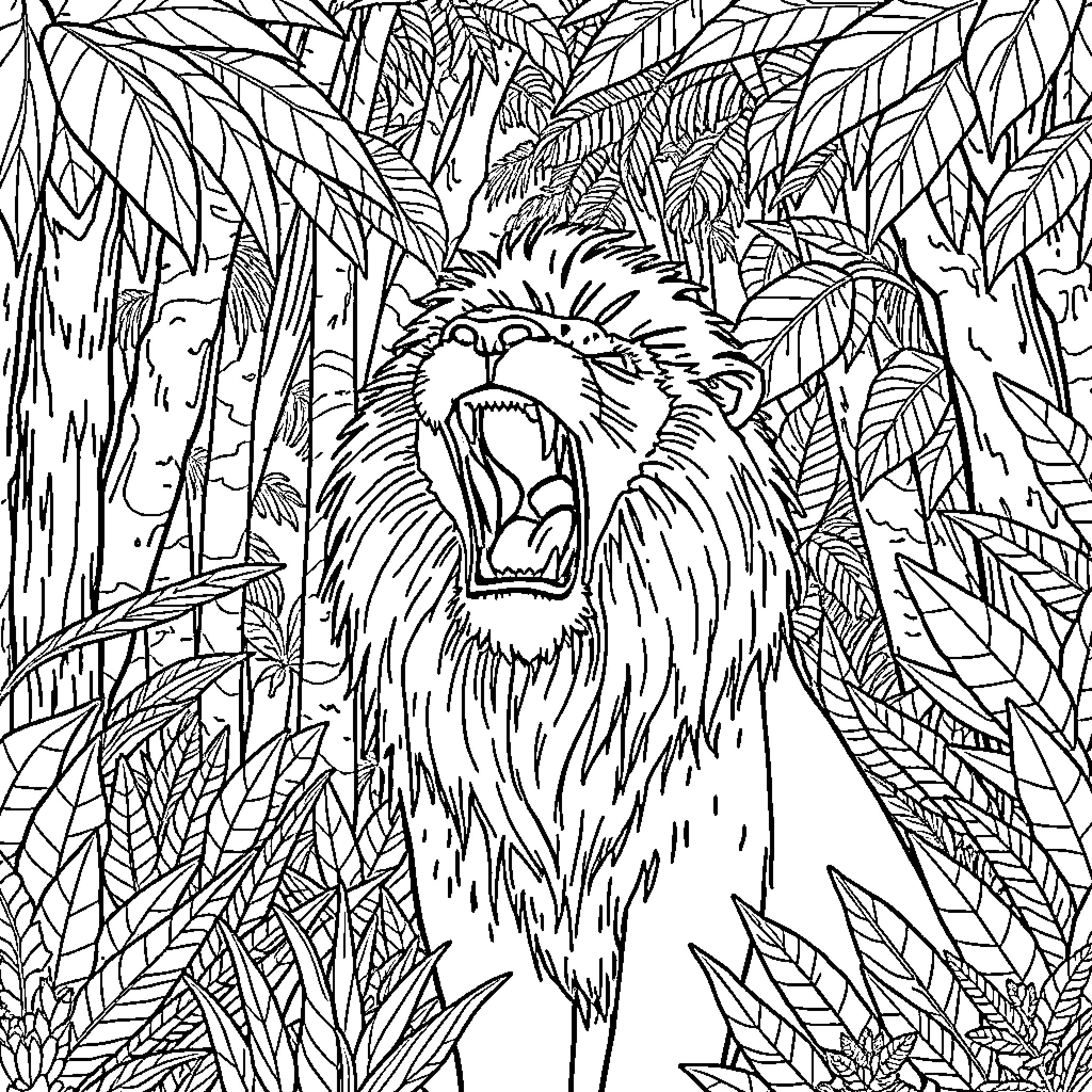 Lion roaring amidst lush foliage Coloring Page (free black-and-white line drawing printable PDF for all, from beginners to advanced learners, including children, teens, adults, and seniors)