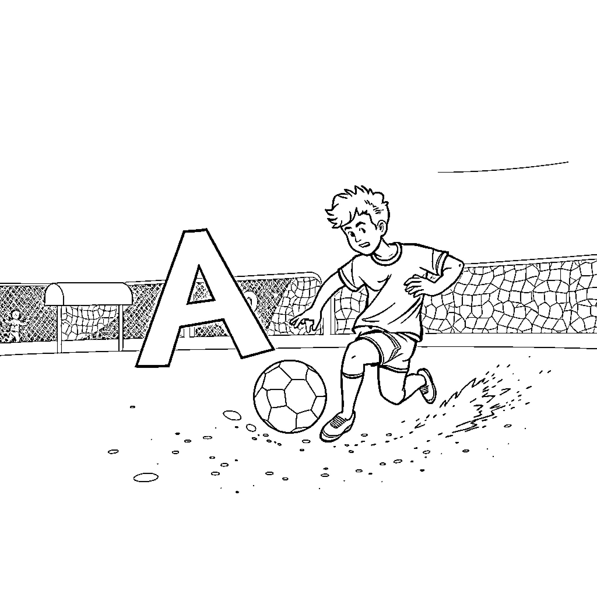 Letter Player Kicking Soccer Ball on Field Coloring Page (free black-and-white line drawing printable PDF for all, from beginners to advanced learners, including children, teens, adults, and seniors)