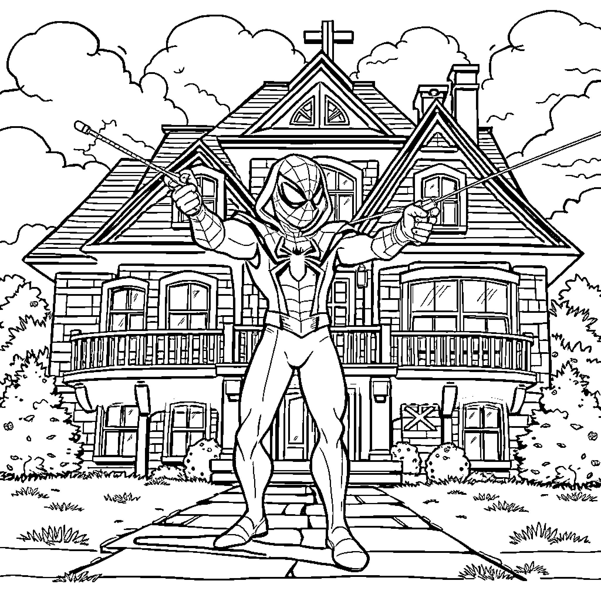 Spider-Man protects the neighborhood Coloring Page (free black-and-white line drawing printable PDF for all, from beginners to advanced learners, including children, teens, adults, and seniors)