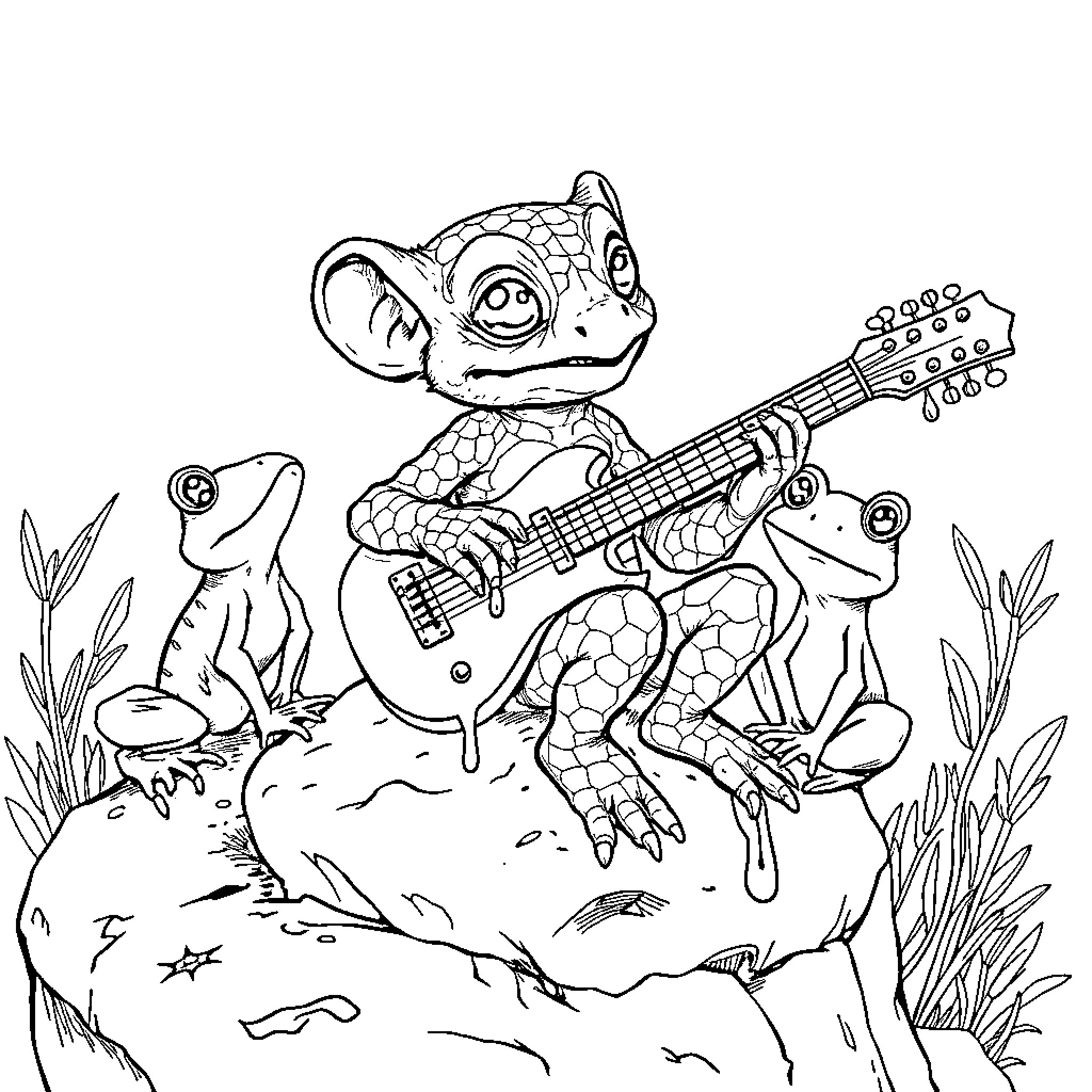 Kobold Musician Entertains Amphibious Companions Coloring Page (free black-and-white line drawing printable PDF for all, from beginners to advanced learners, including children, teens, adults, and seniors)
