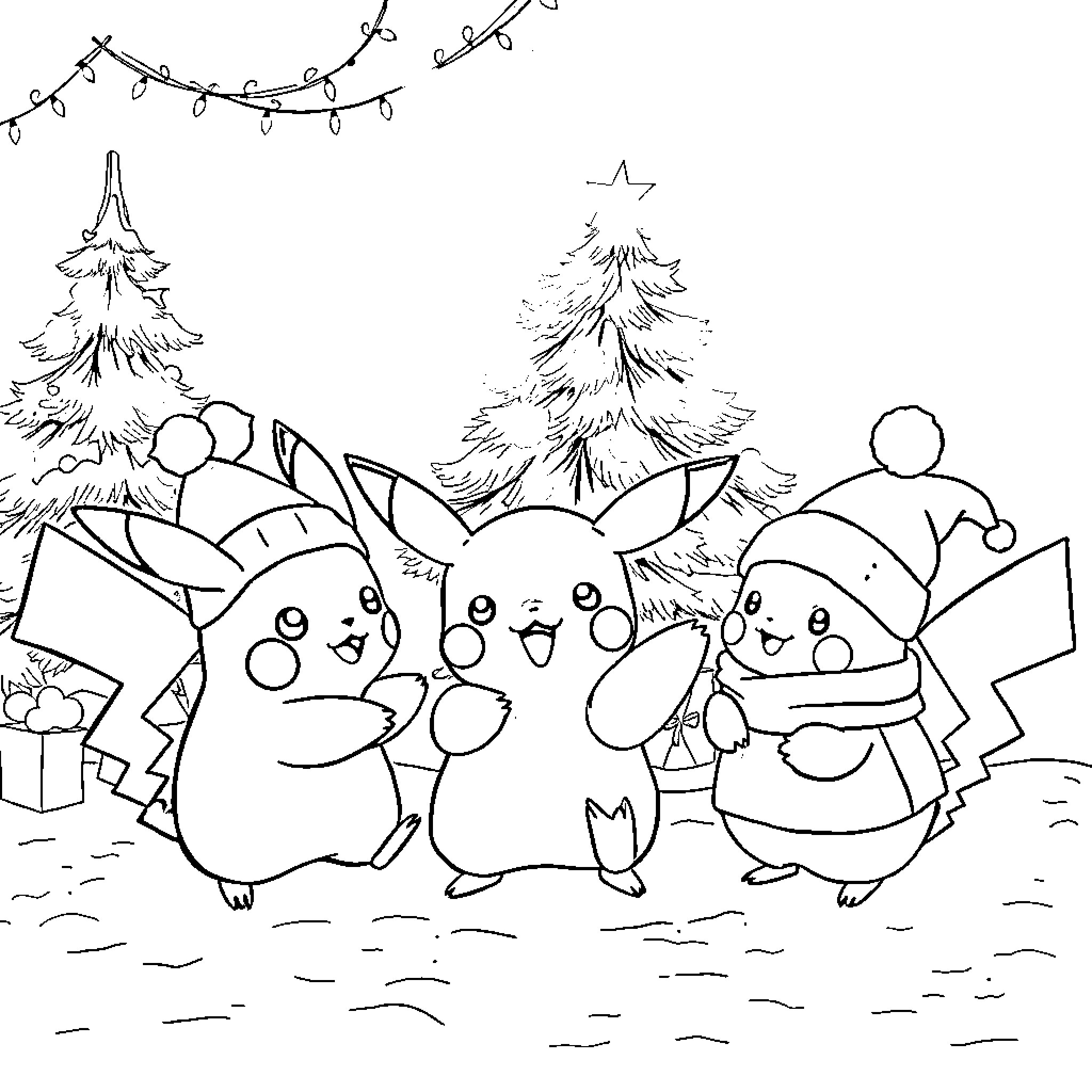 Pikachu and friends celebrate winter in the snowy forest Coloring Page (free black-and-white line drawing printable PDF for all, from beginners to advanced learners, including children, teens, adults, and seniors)