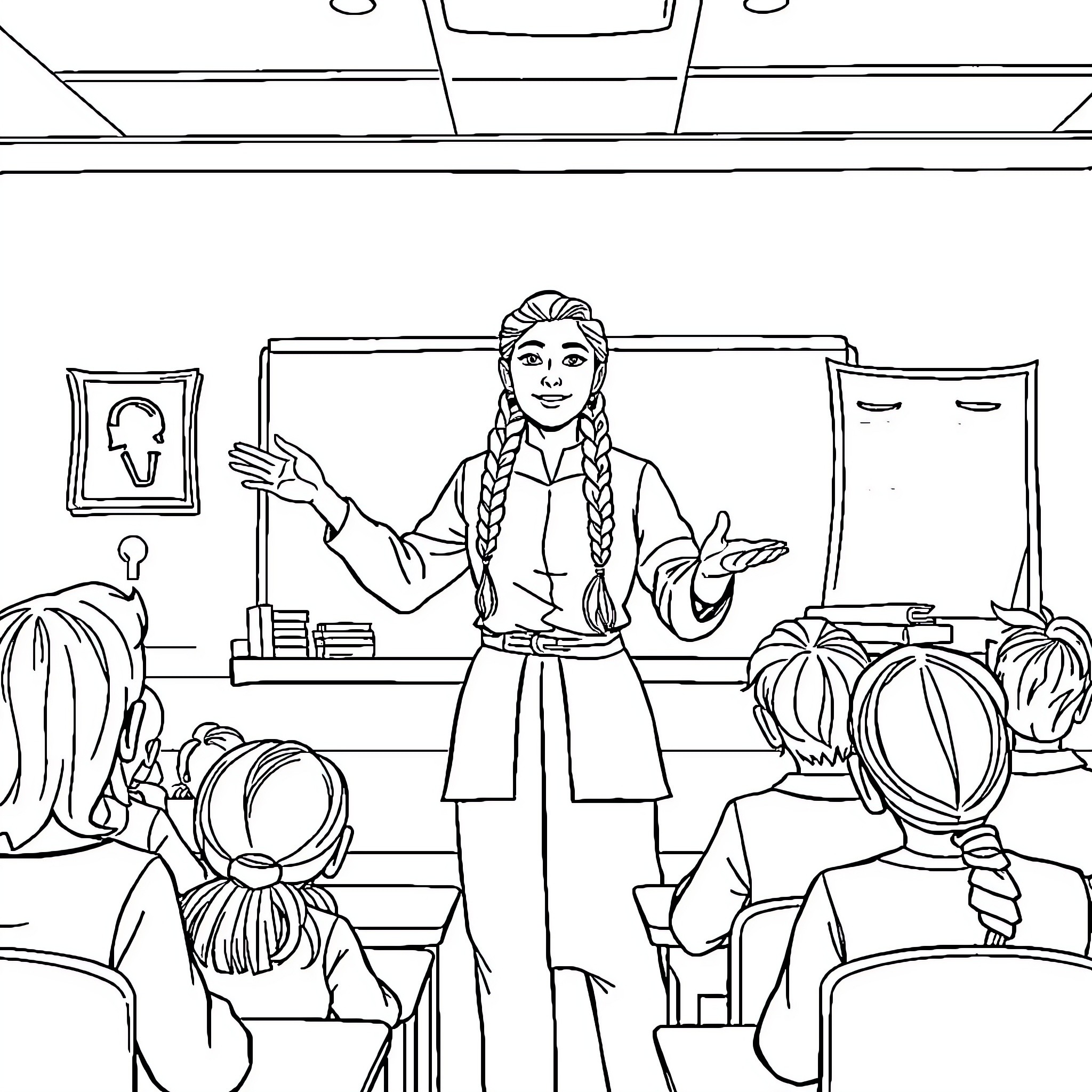 Teacher gesturing to students in classroom Coloring Page (free black-and-white line drawing printable PDF for all, from beginners to advanced learners, including children, teens, adults, and seniors)