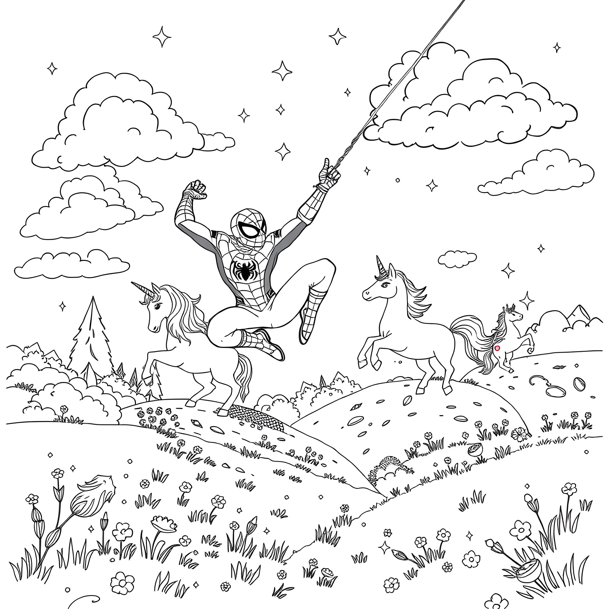 Spiderman swinging joyfully through a magical fantasy landscape Coloring Page (free black-and-white line drawing printable PDF for all, from beginners to advanced learners, including children, teens, adults, and seniors)