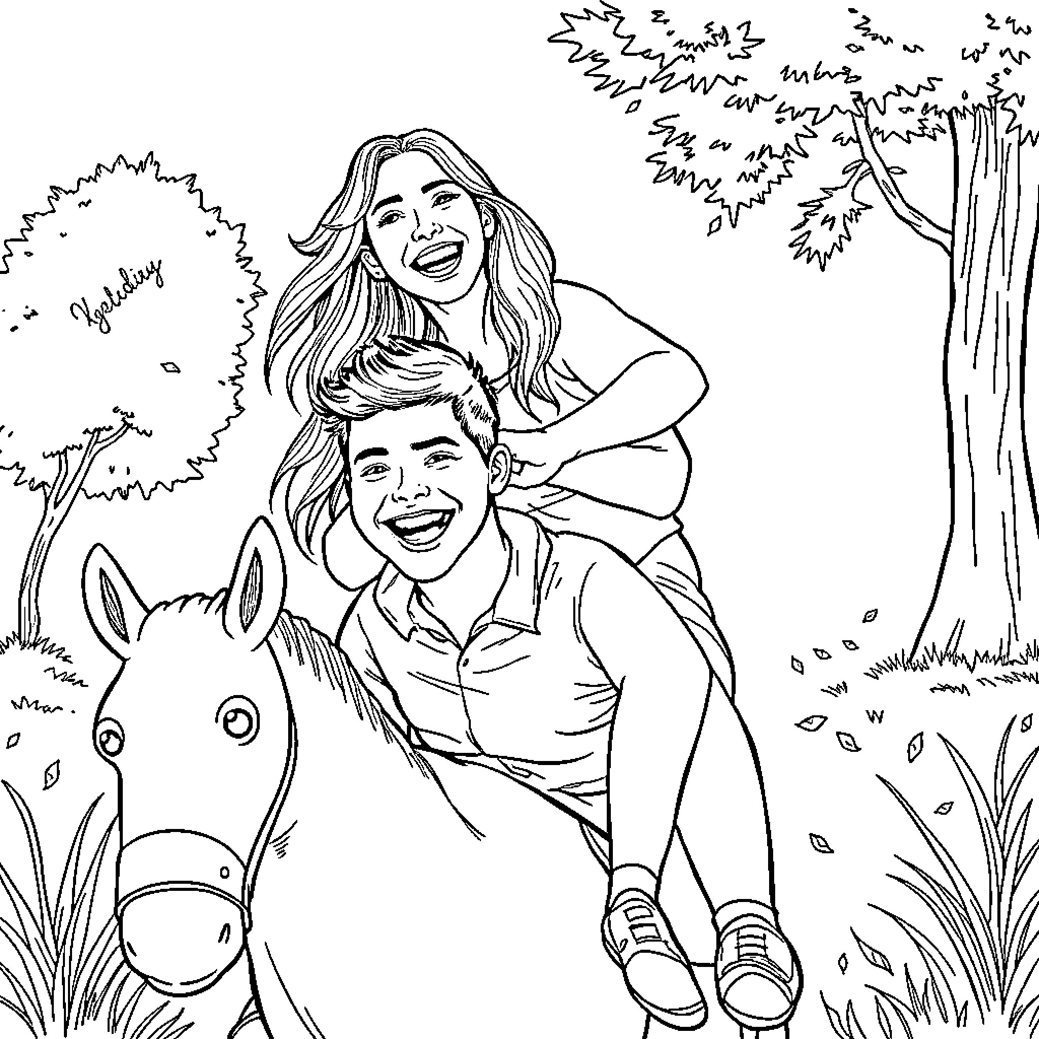 Woman enjoying outdoor activity with companion Coloring Page (free black-and-white line drawing printable PDF for all, from beginners to advanced learners, including children, teens, adults, and seniors)