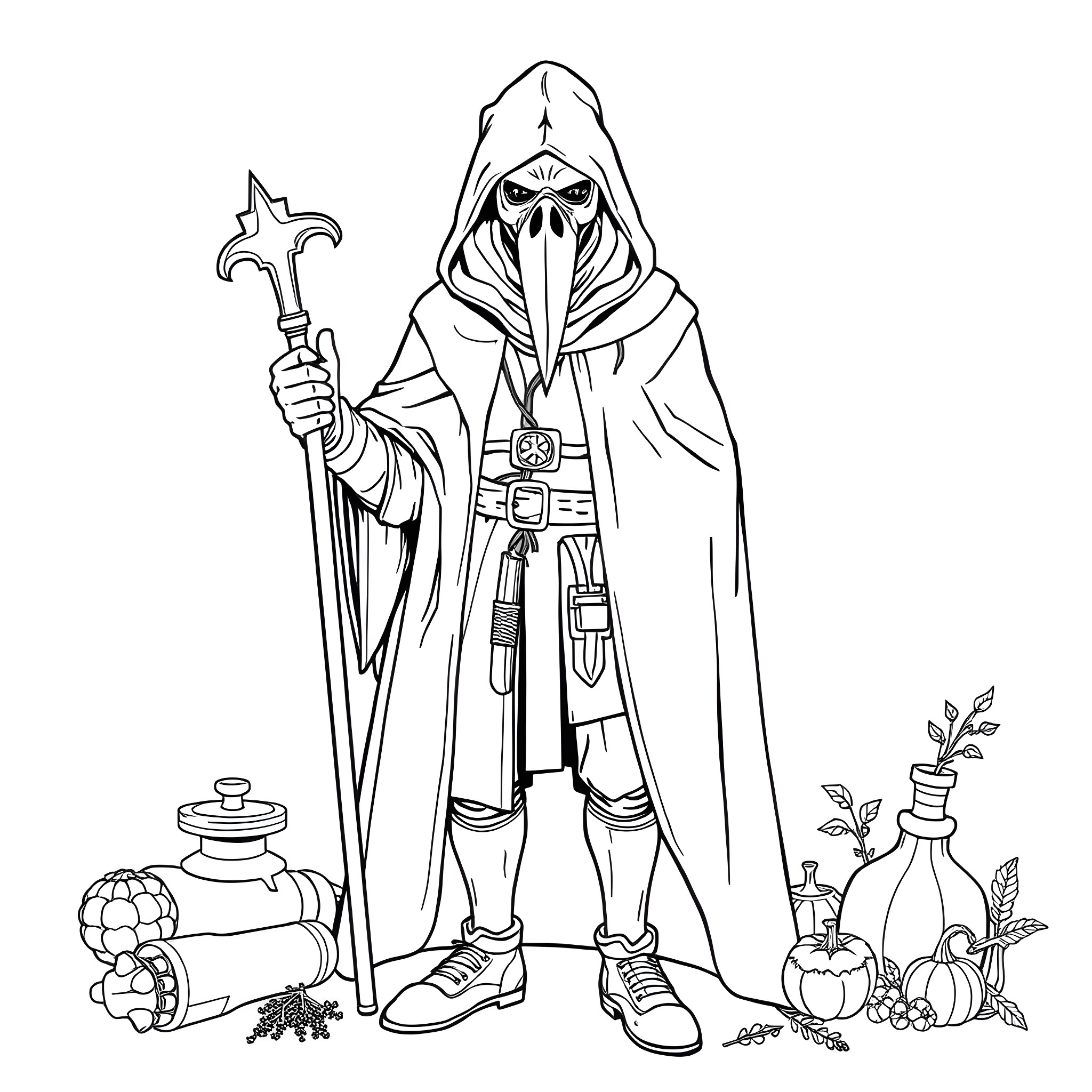 Plague Doctor Holding Staff Amidst Medical Supplies Coloring Page (free black-and-white line drawing printable PDF for all, from beginners to advanced learners, including children, teens, adults, and seniors)