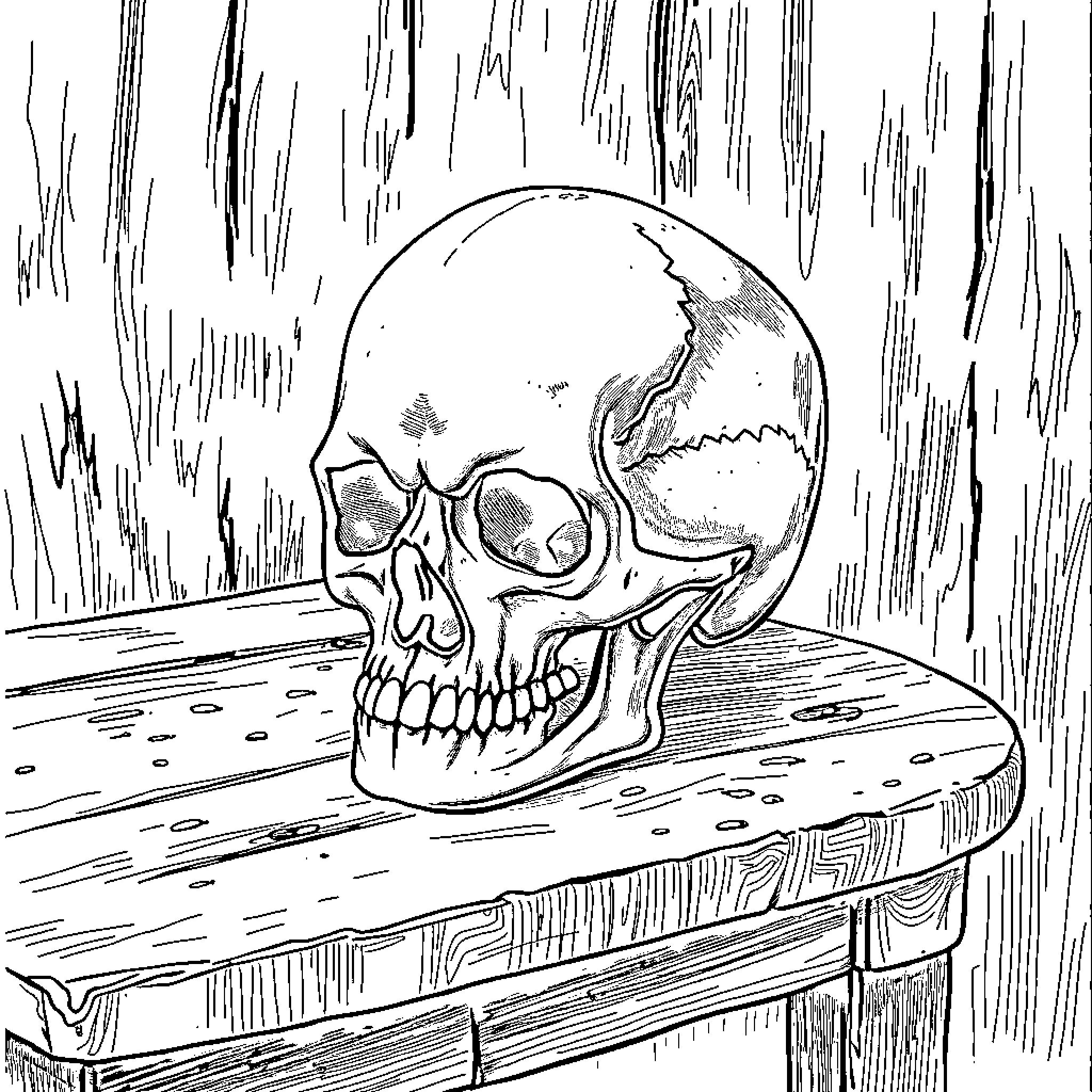 Skull resting on a wooden surface Coloring Page (free black-and-white line drawing printable PDF for all, from beginners to advanced learners, including children, teens, adults, and seniors)