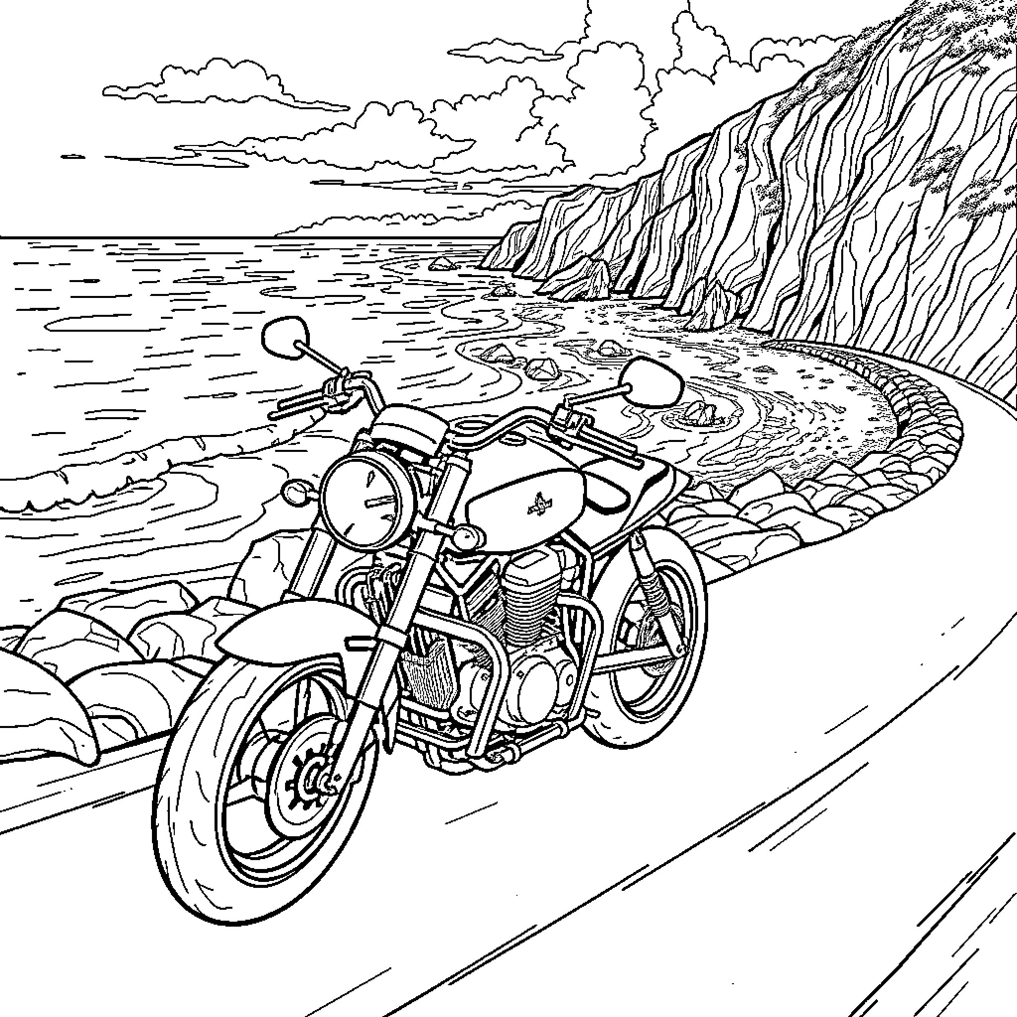 Motorcycle riding along a winding coastal road Coloring Page (free black-and-white line drawing printable PDF for all, from beginners to advanced learners, including children, teens, adults, and seniors)