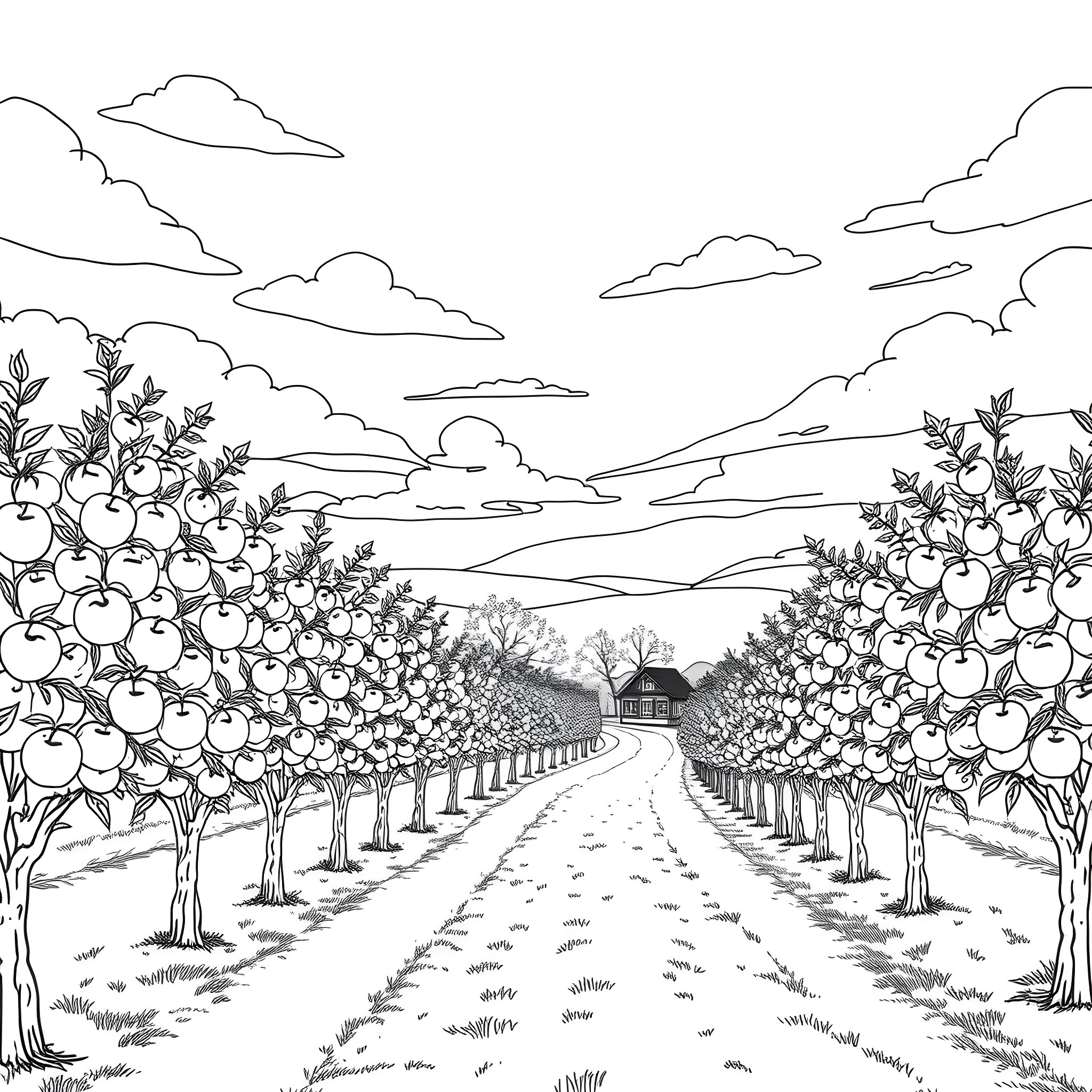 Apple Orchard Landscape with Path and Cloudy Sky Coloring Page (free black-and-white line drawing printable PDF for all, from beginners to advanced learners, including children, teens, adults, and seniors)