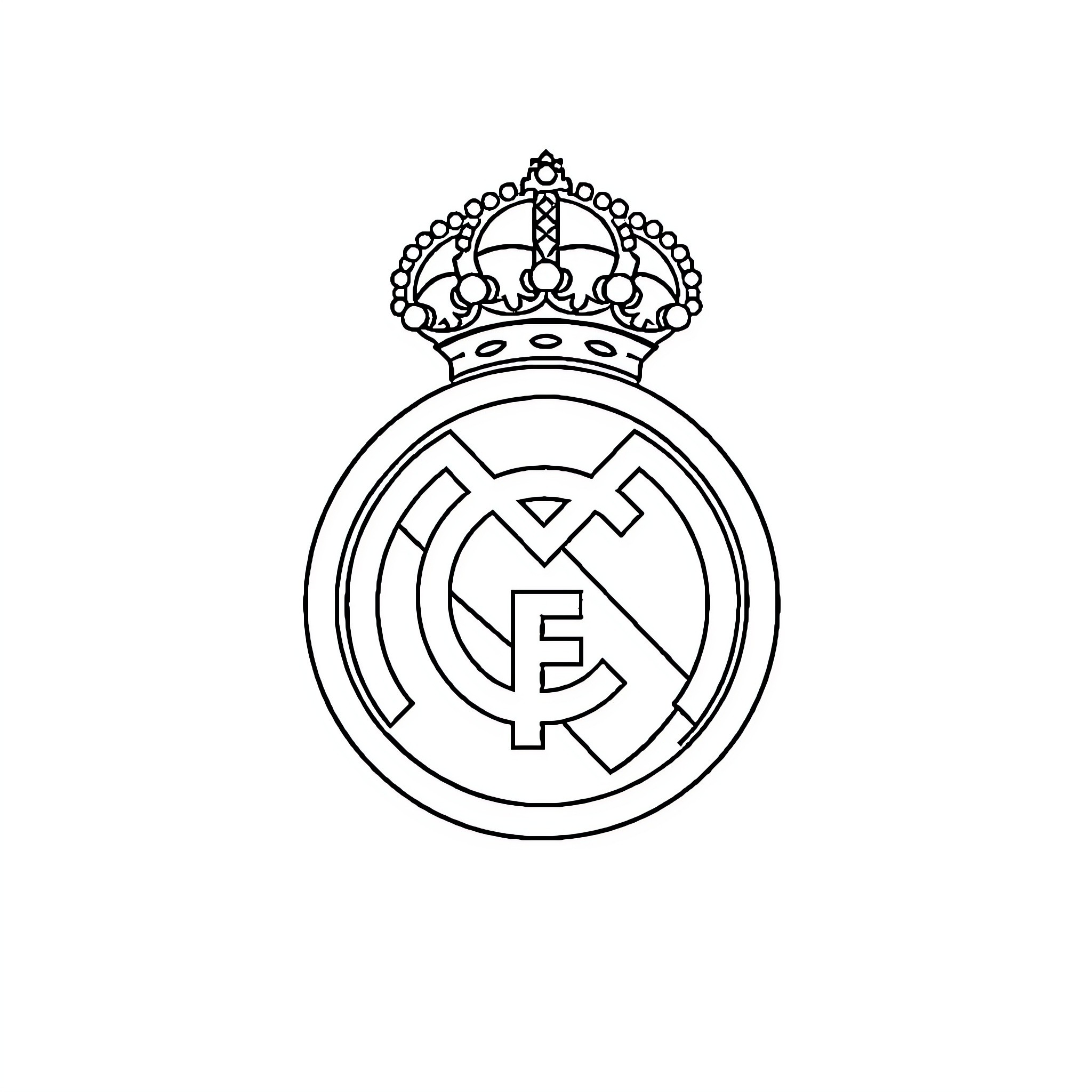 Real Madrid Iconic Crest and Crown Coloring Page (free black-and-white line drawing printable PDF for all, from beginners to advanced learners, including children, teens, adults, and seniors)